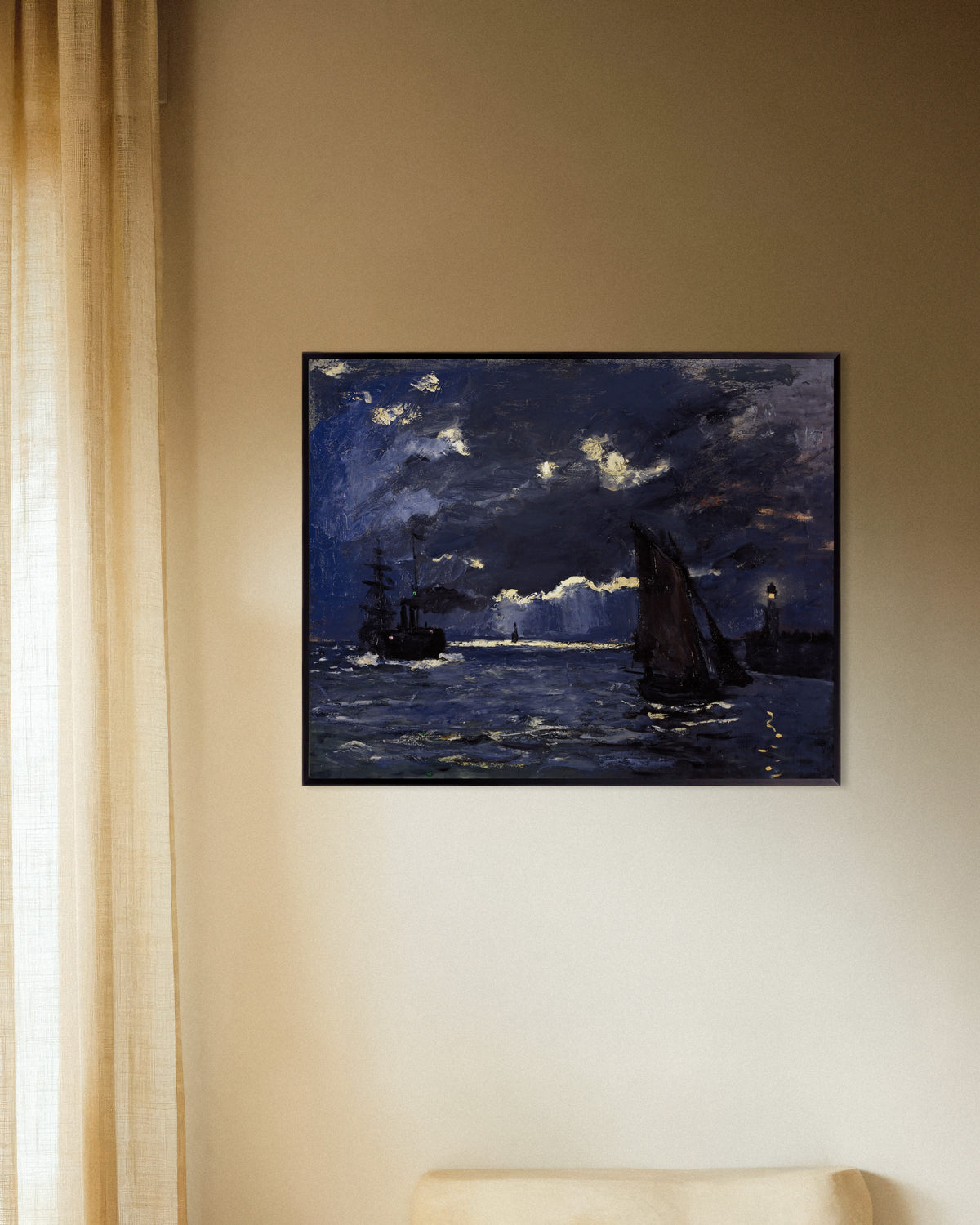 Poster Marina, navi al chiaro di luna (1864) di Claude Monet con cornice in metallo