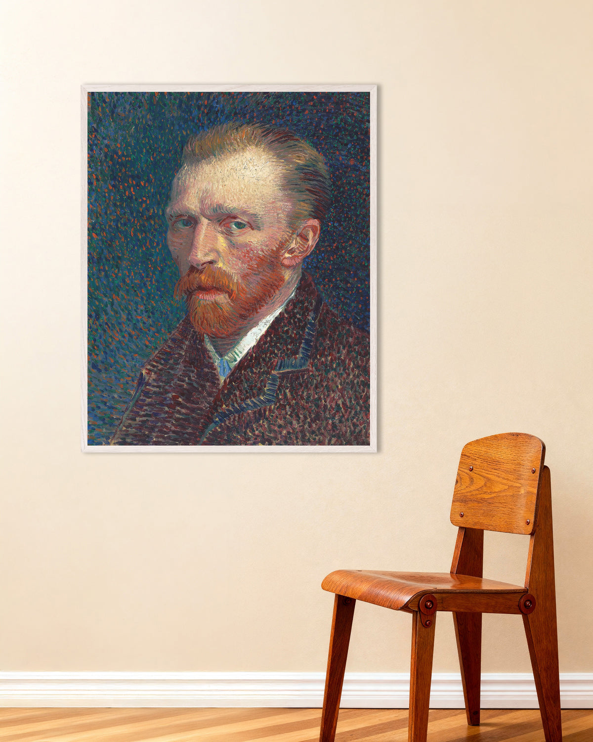 Poster di Autoritratto su sfondo blu puntinato (1887) di Vincent van Gogh, con cornice in legno bianco
