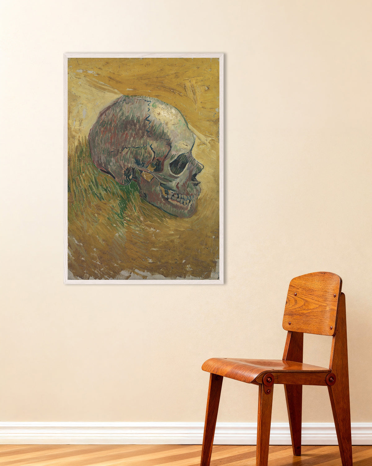 Poster di Teschio (1887) di Vincent van Gogh, con cornice in legno bianco