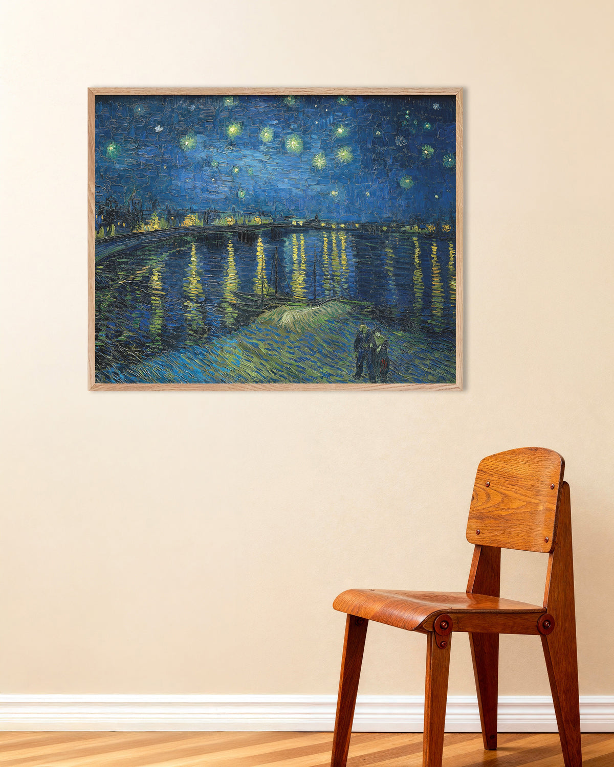 Poster di Notte stellata sul Rodano (1888) di Vincent van Gogh, con cornice in legno naturale
