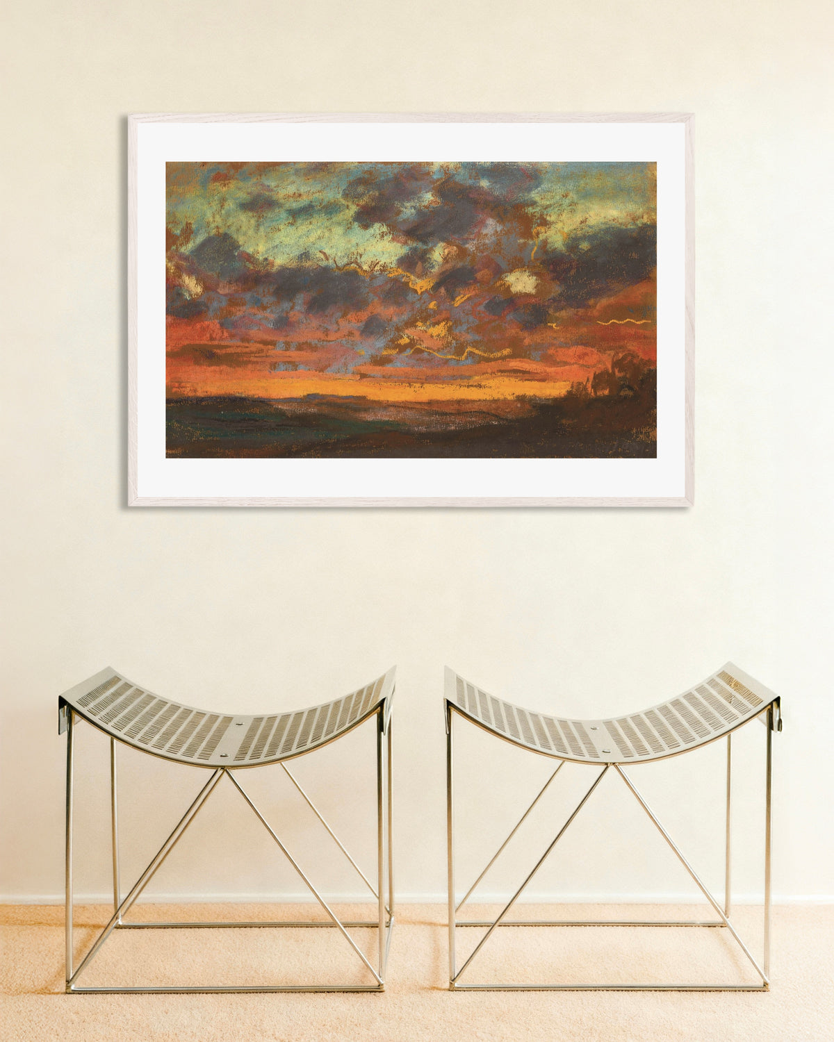 Poster Tramonto (circa 1868) di Claude Monet con cornice in legno bianco