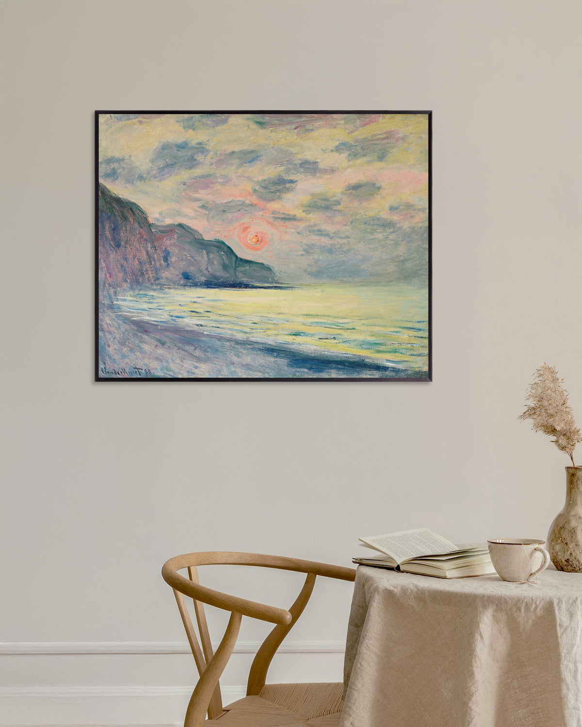 Poster Tramonto, tempo nebbioso, Pourville (1882) di Claude Monet con cornice in metallo