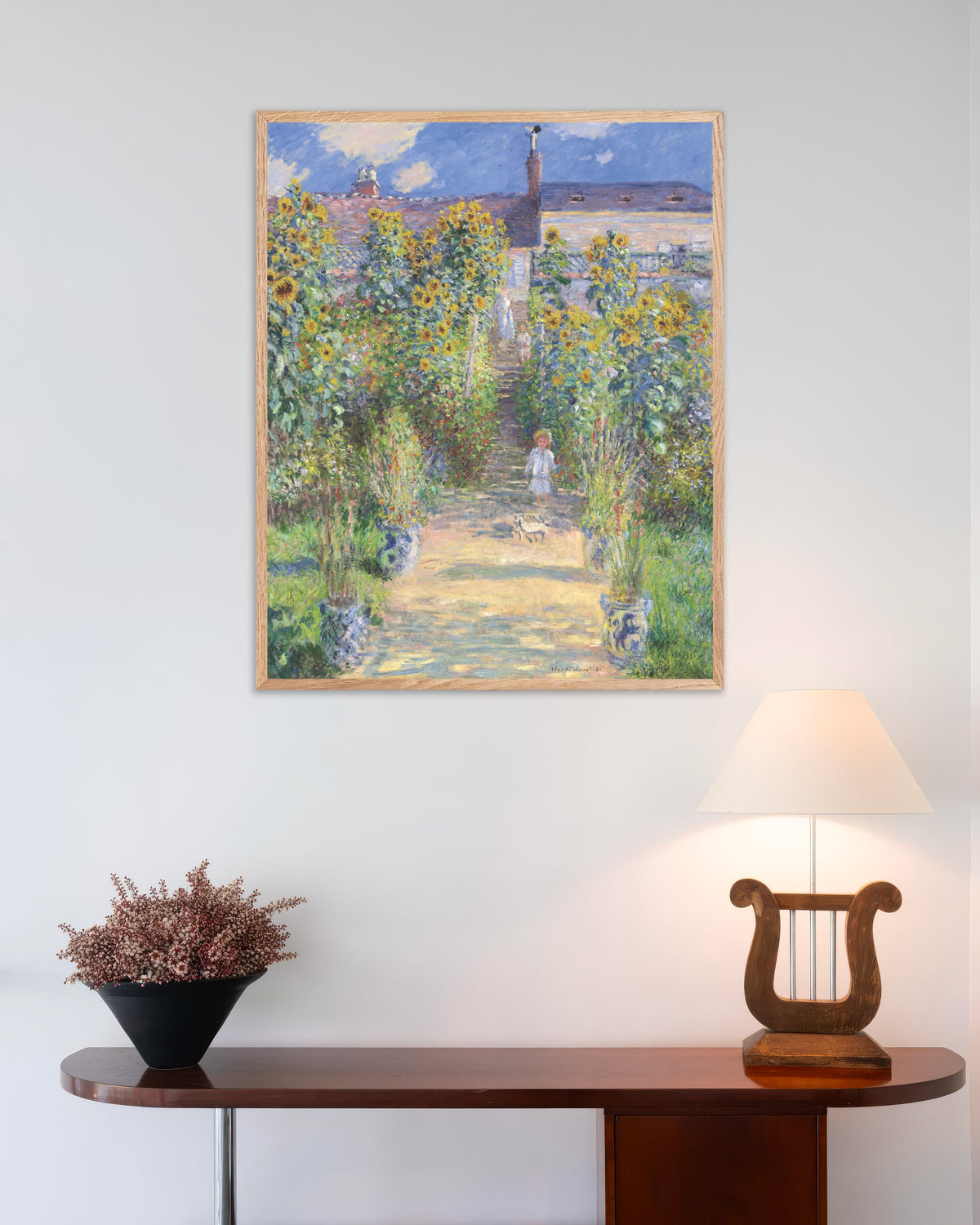 Poster Il giardino dell'artista a Vétheuil (1881) di Claude Monet con cornice in legno naturale