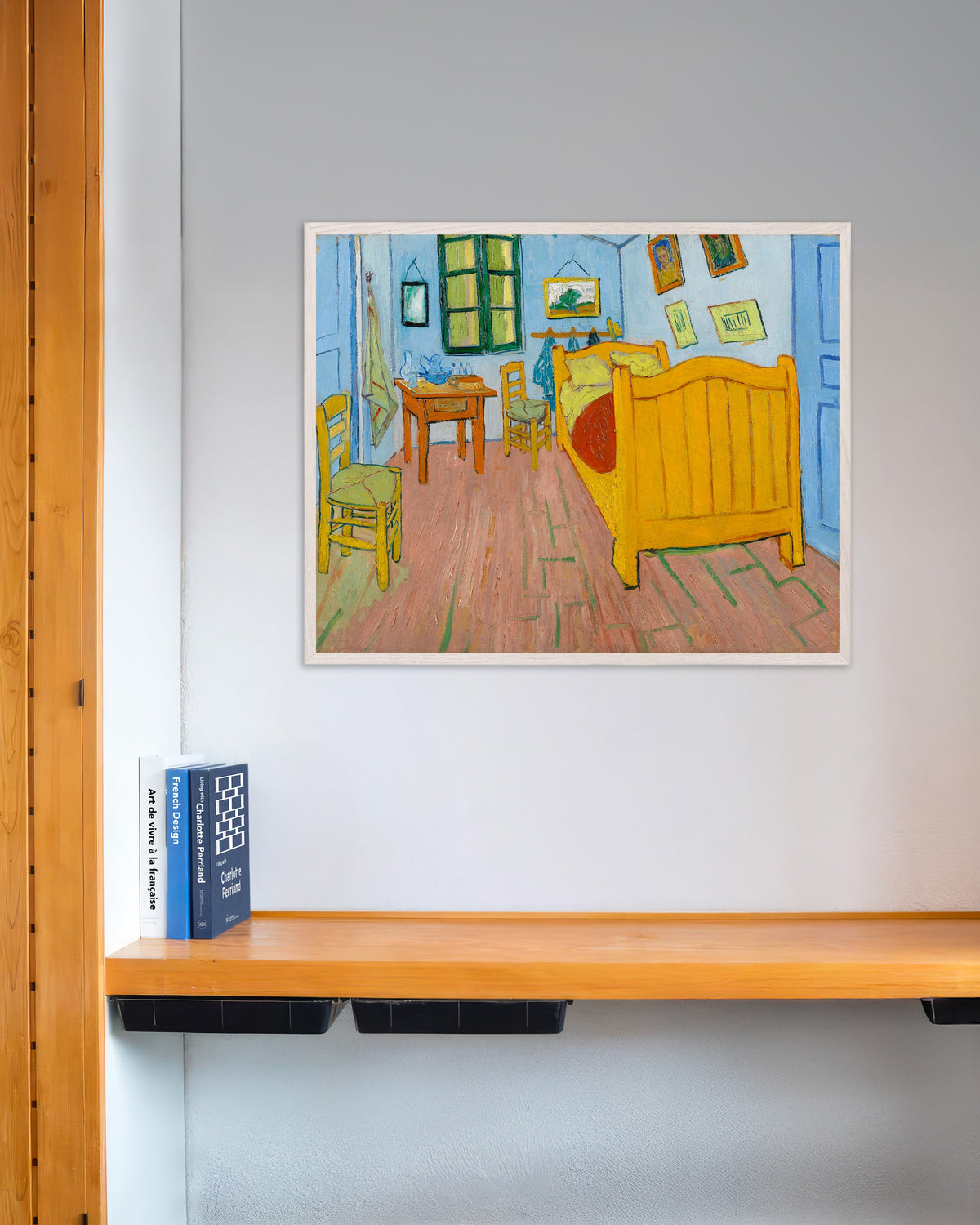 Poster di La camera da letto (1888) di Vincent van Gogh, con cornice in legno bianco