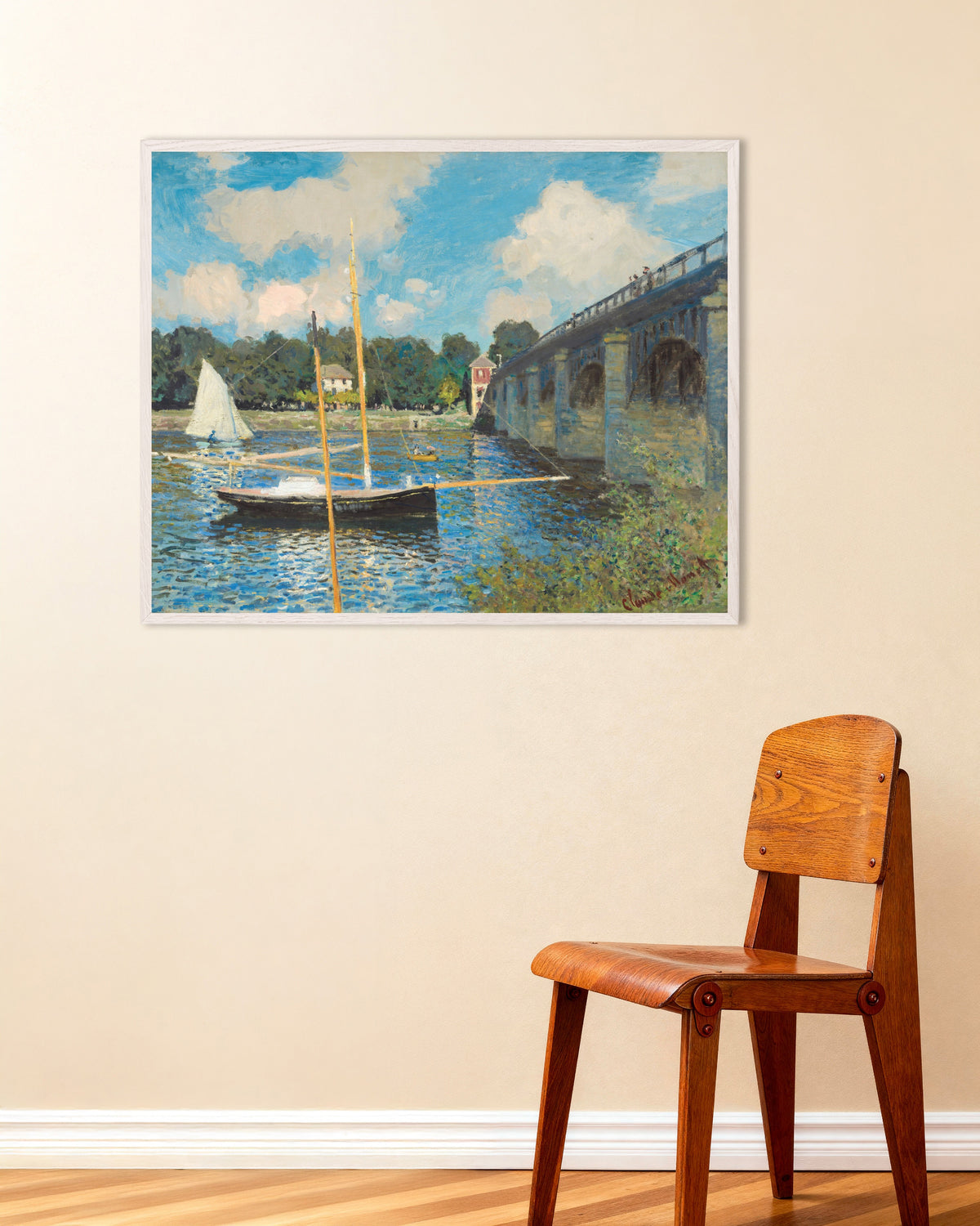 Poster Il ponte ad Argenteuil (1874) di Claude Monet con cornice in legno bianco