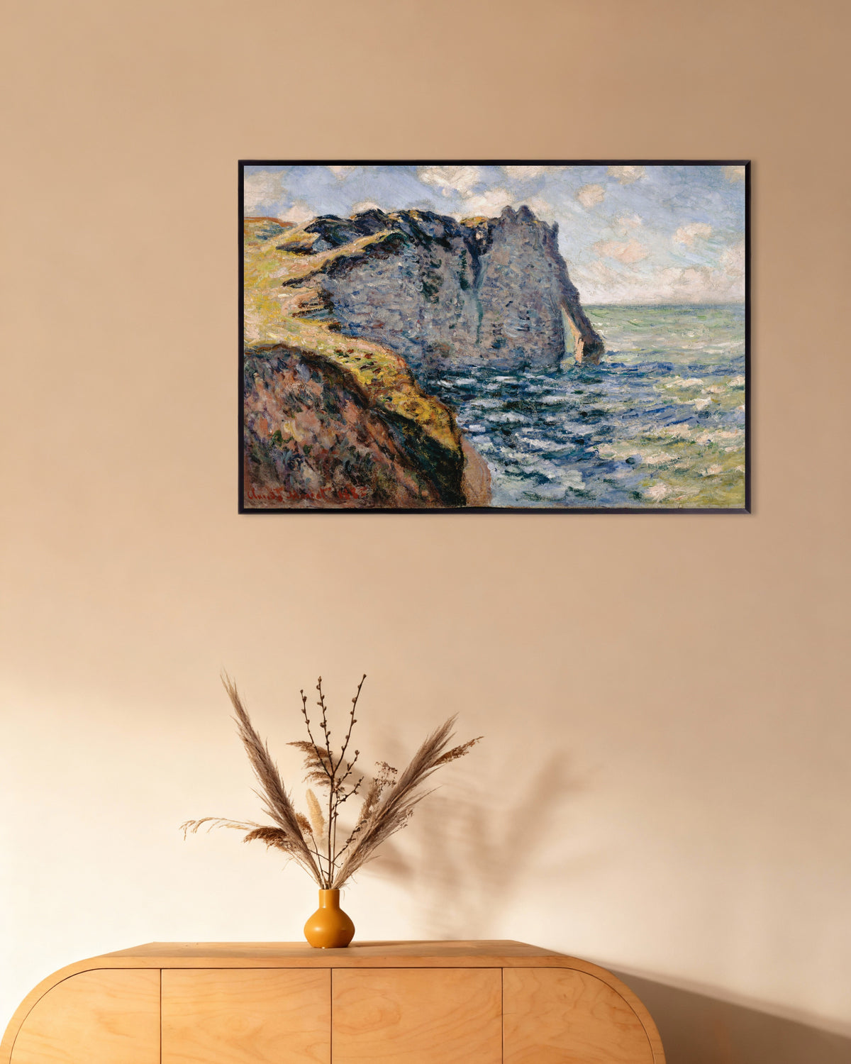 Poster La Falaise d'Aval, Étretat (1885) di Claude Monet con cornice in metallo