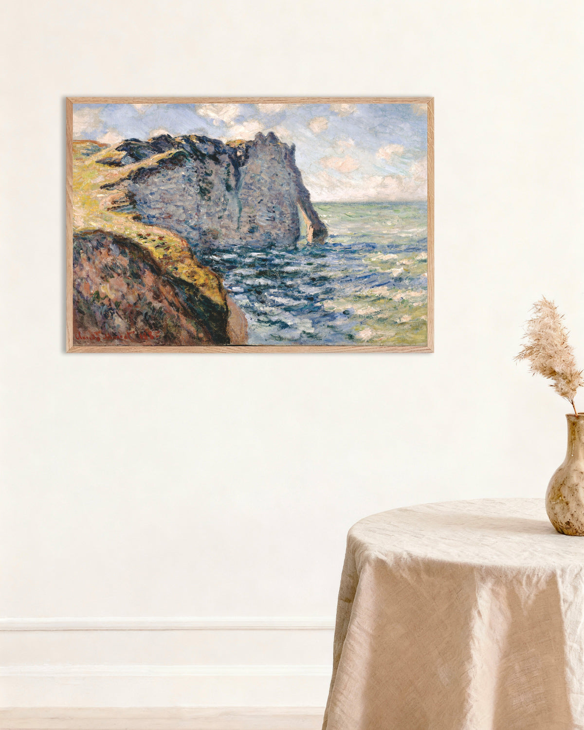 Poster La Falaise d'Aval, Étretat (1885) di Claude Monet con cornice in legno naturale