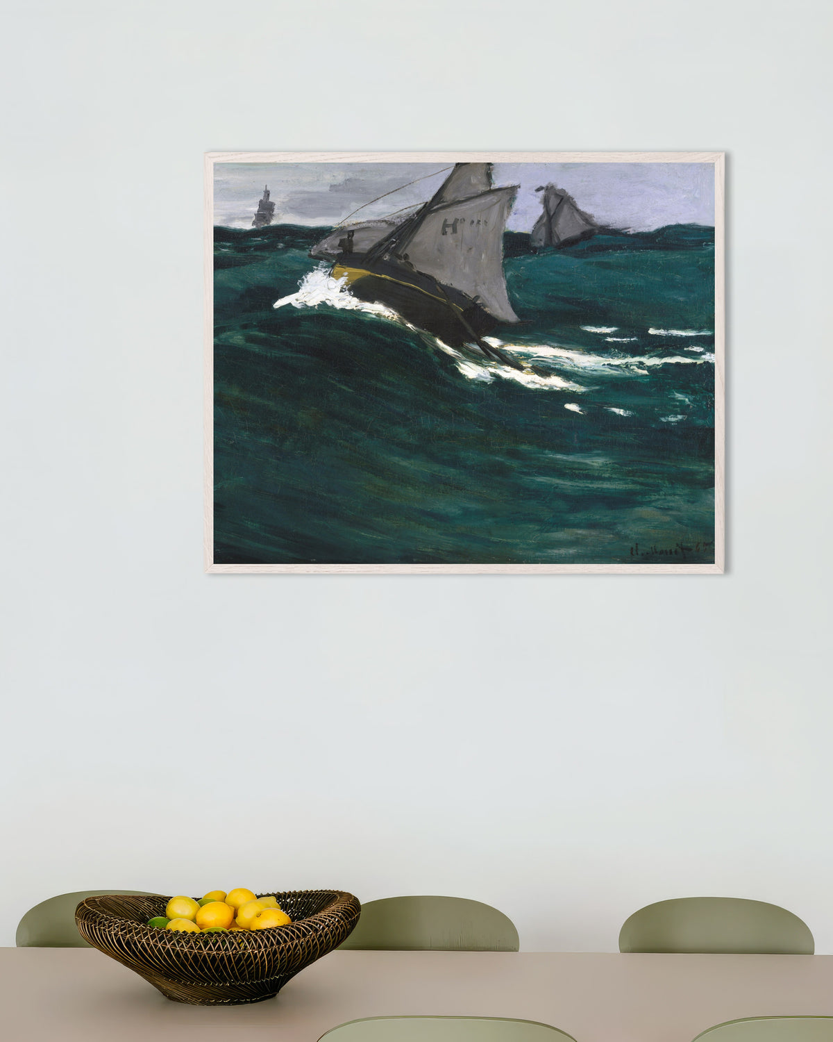 Poster L'onda verde (circa 1866–1867) di Claude Monet con cornice in legno bianco