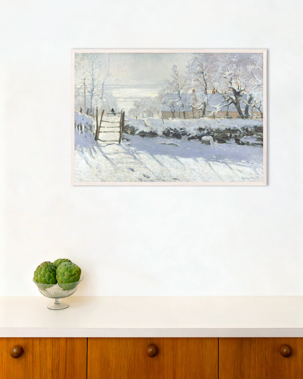 Poster La gazza (1868–1869) di Claude Monet con cornice in legno bianco