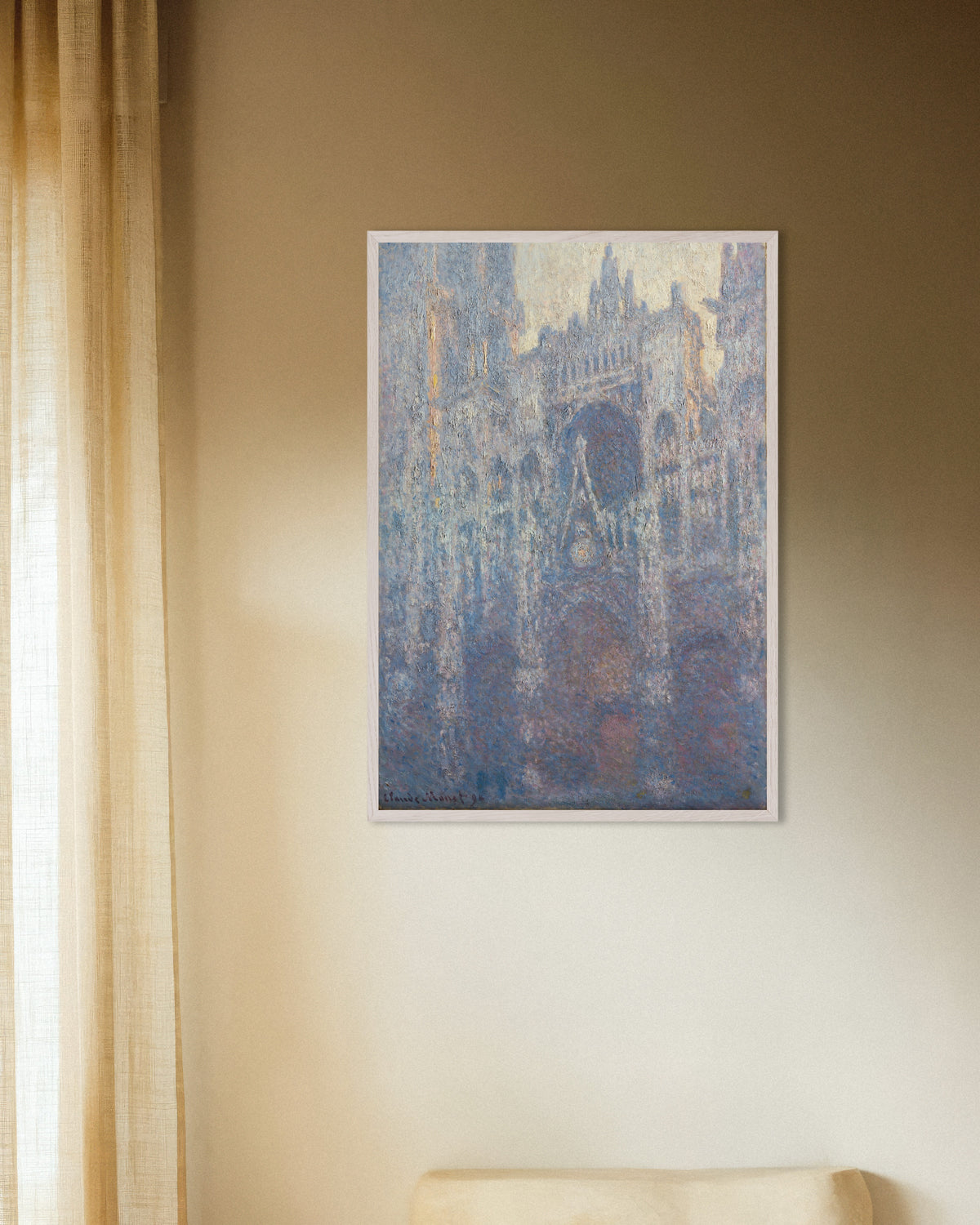 Poster Il portale della cattedrale di Rouen nella luce del mattino (1894) di Claude Monet con cornice in legno bianco