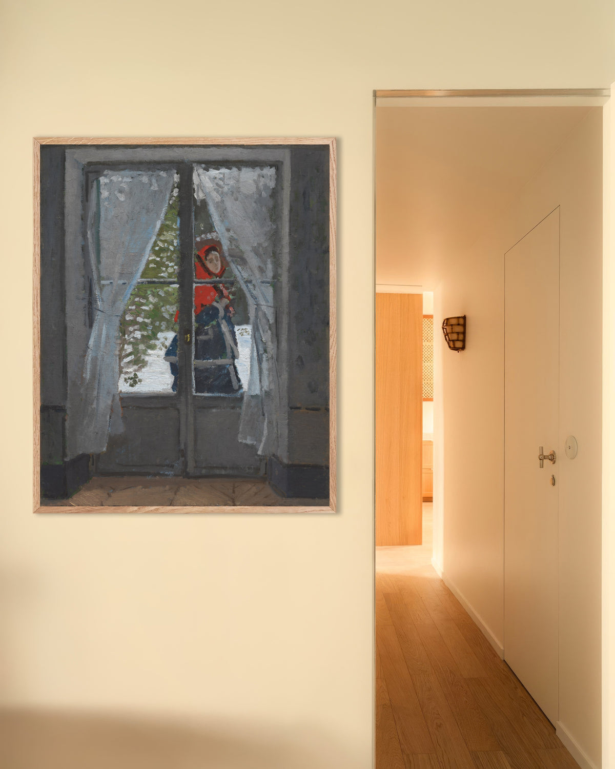 Poster Il fazzoletto rosso (circa 1868–1873) di Claude Monet con cornice in legno naturale