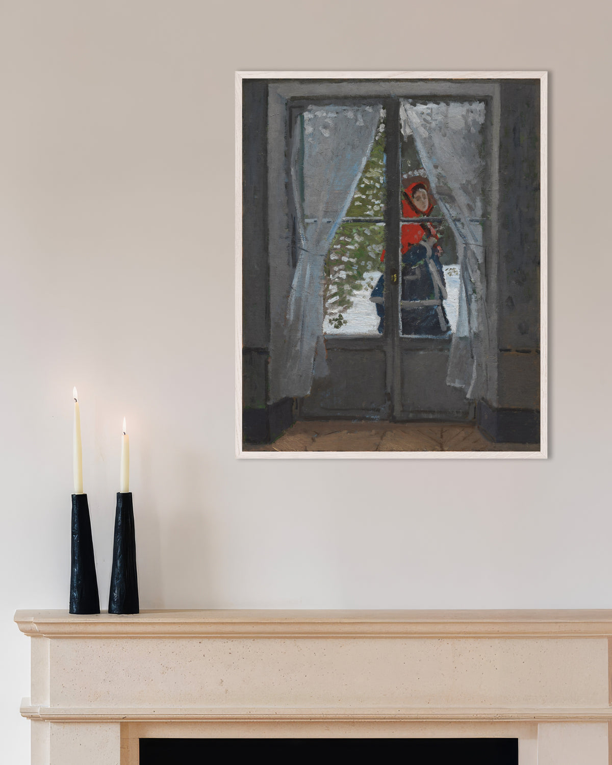 Poster Il fazzoletto rosso (circa 1868–1873) di Claude Monet con cornice in legno bianco
