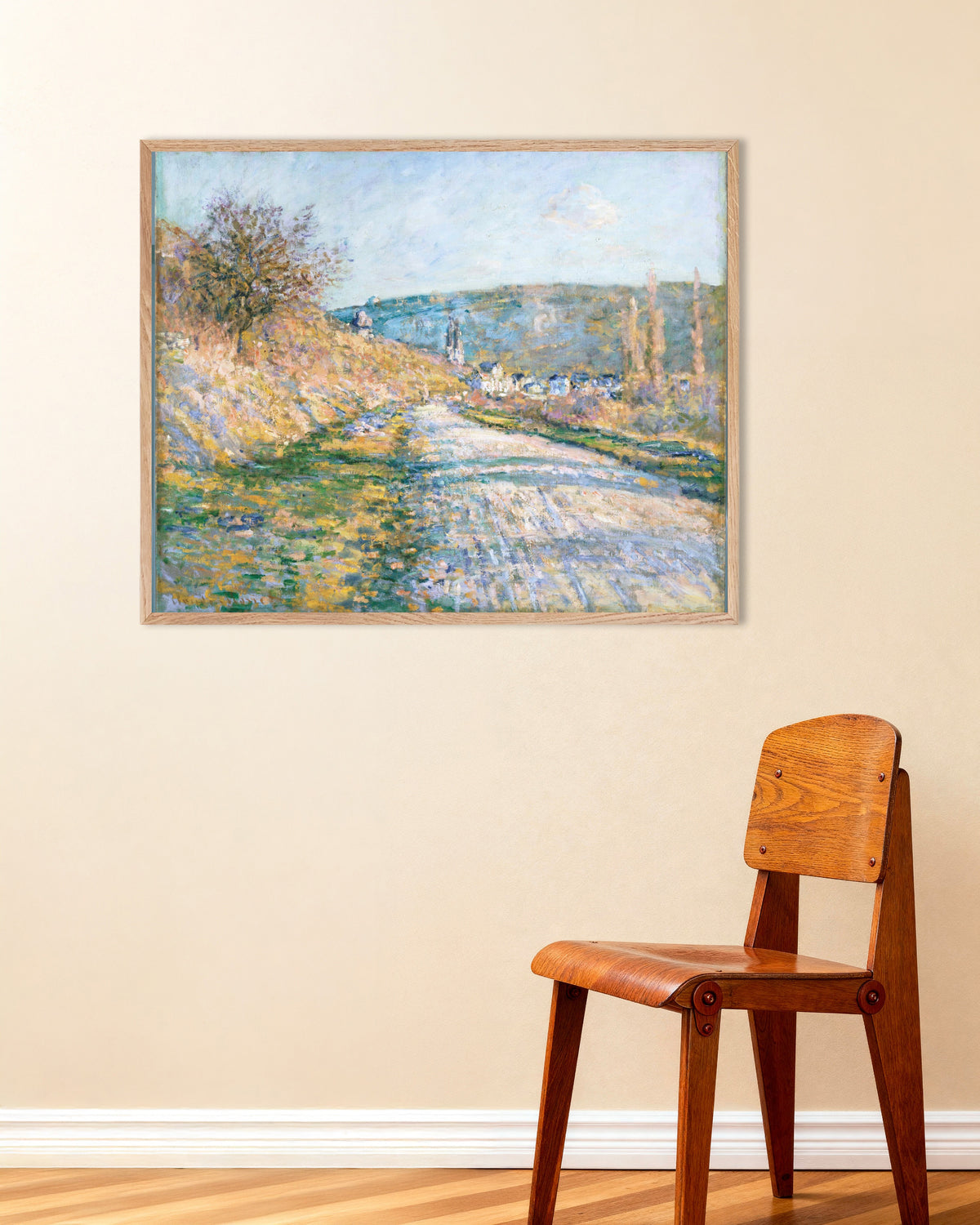 Poster La strada per Vétheuil (1879) di Claude Monet con cornice in legno naturale