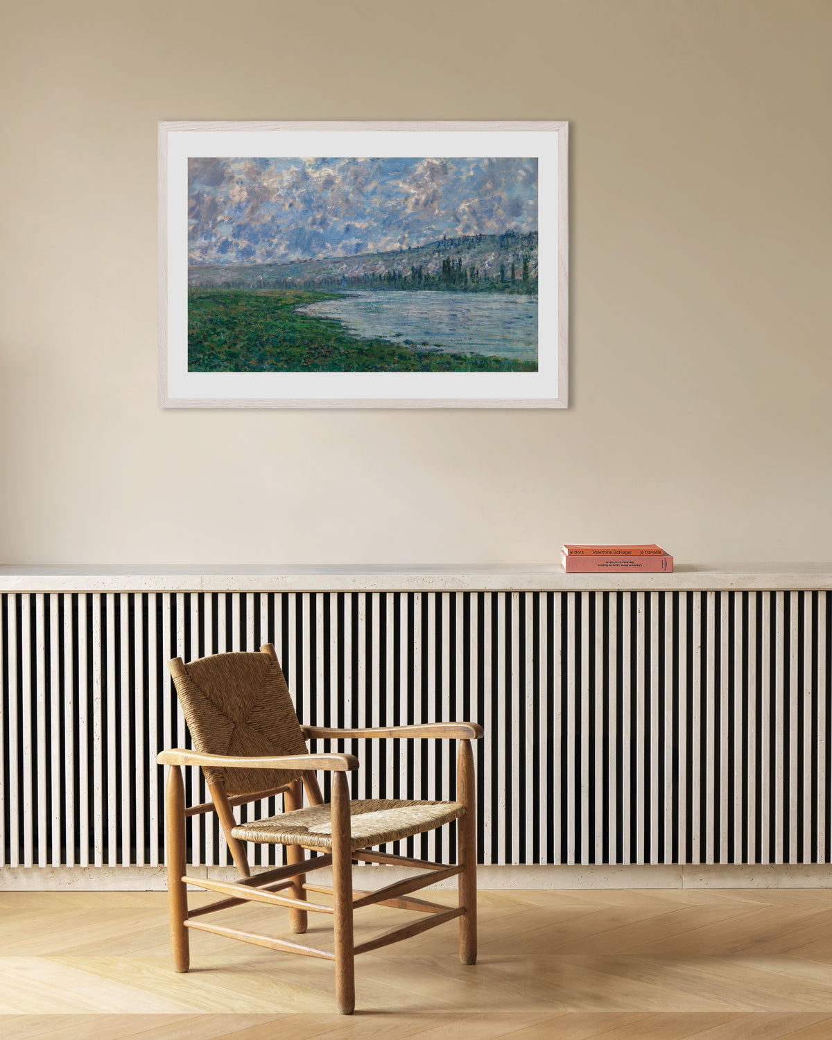 Poster La Senna a Vétheuil (1880) di Claude Monet con cornice in legno bianco