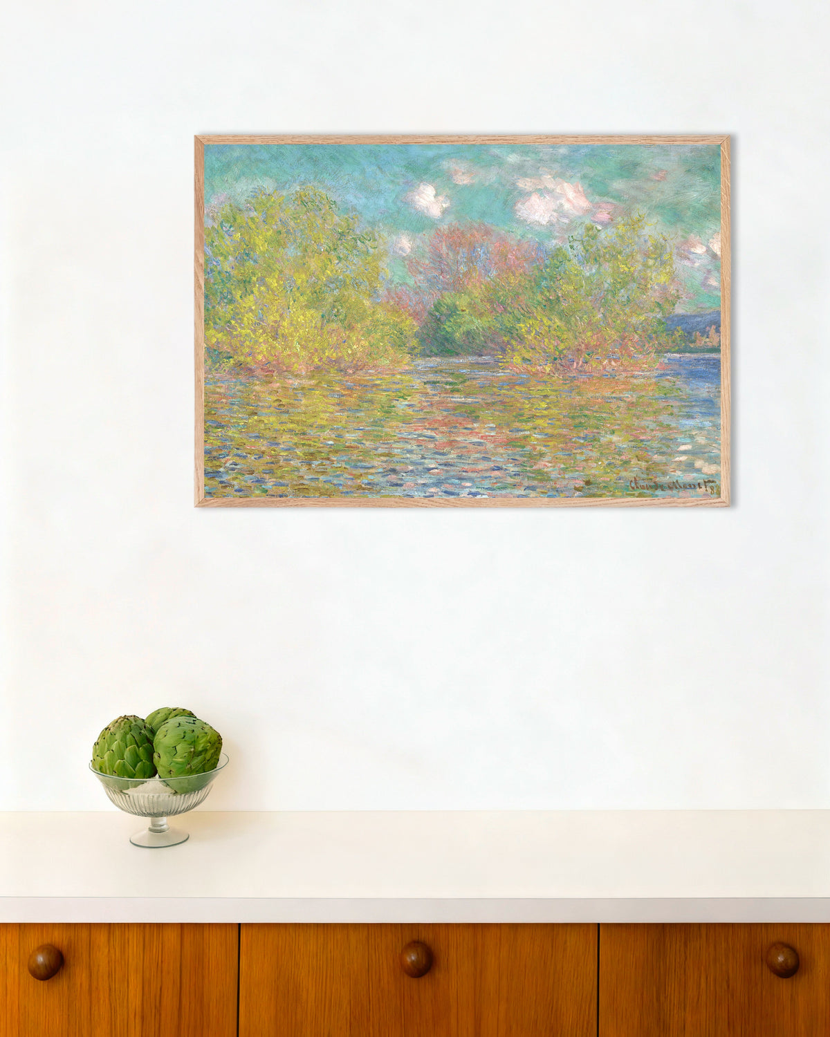 Poster La Senna vicino a Giverny (1888) di Claude Monet con cornice in legno naturale