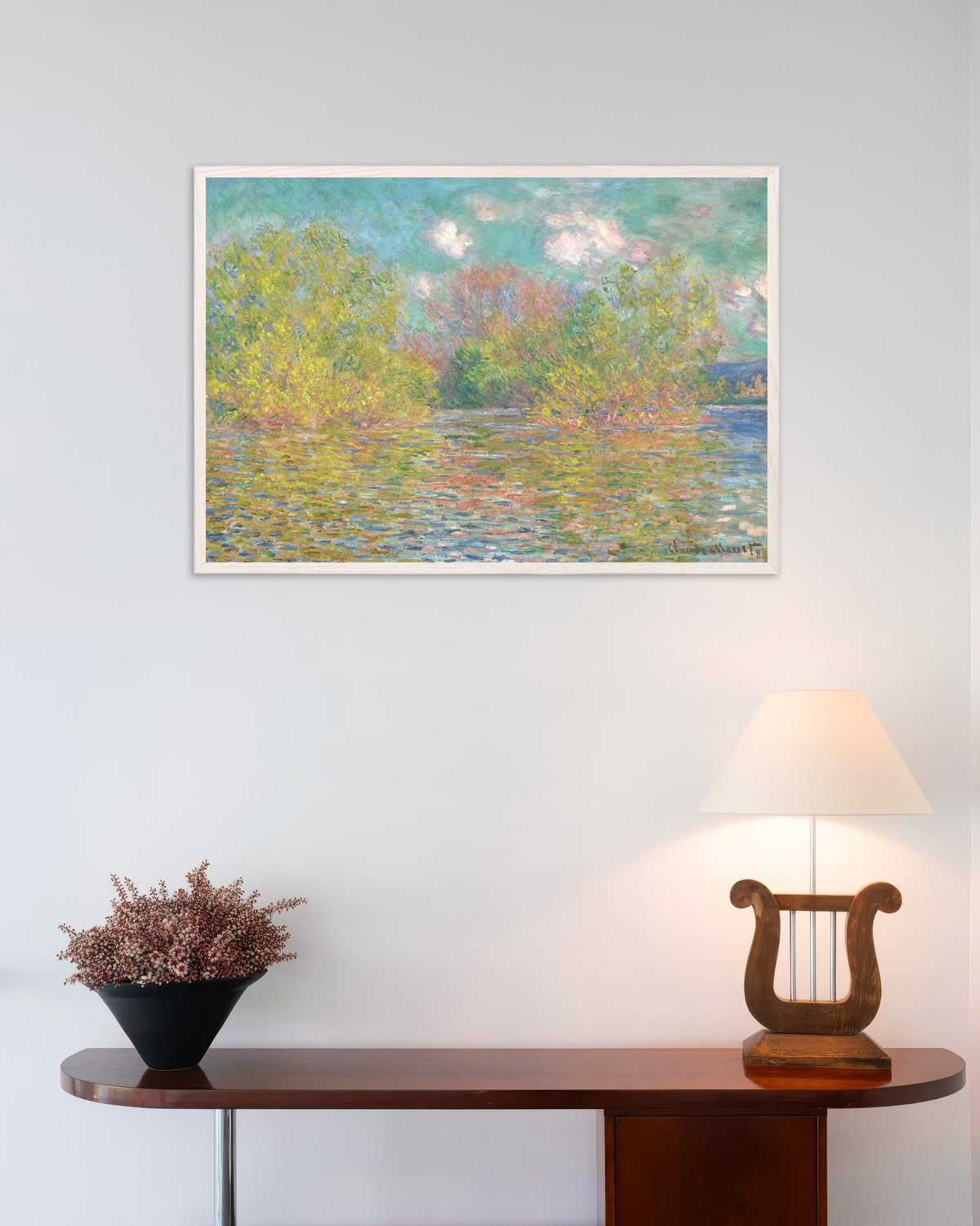 Poster La Senna vicino a Giverny (1888) di Claude Monet con cornice in legno bianco