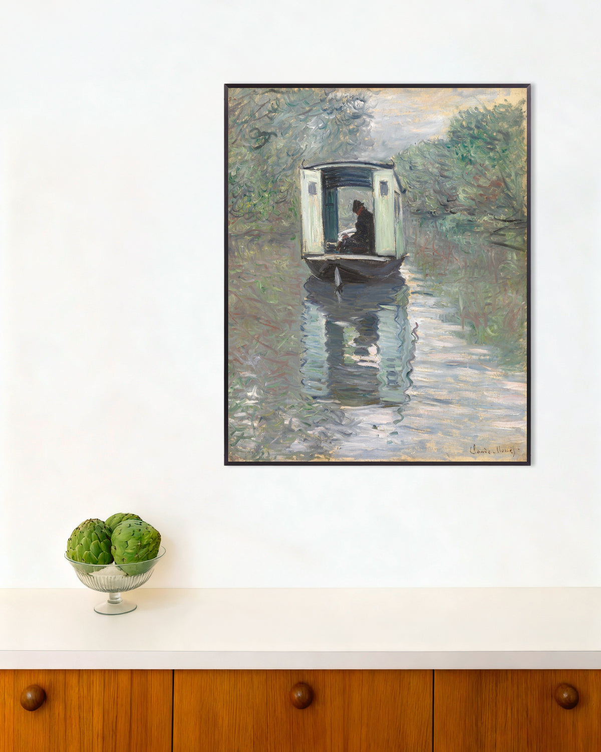 Poster La barca-atelier (1876) di Claude Monet con cornice in metallo
