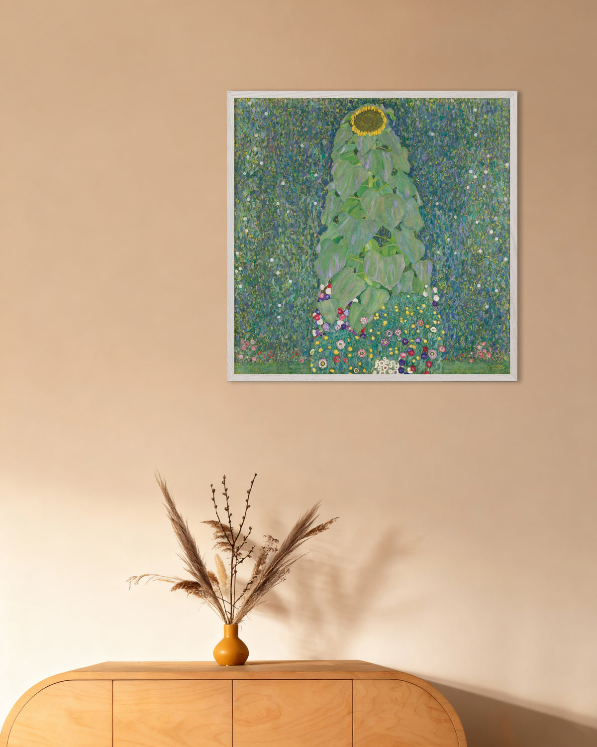Poster Il girasole (1907–1908) di Gustav Klimt con cornice in legno bianco