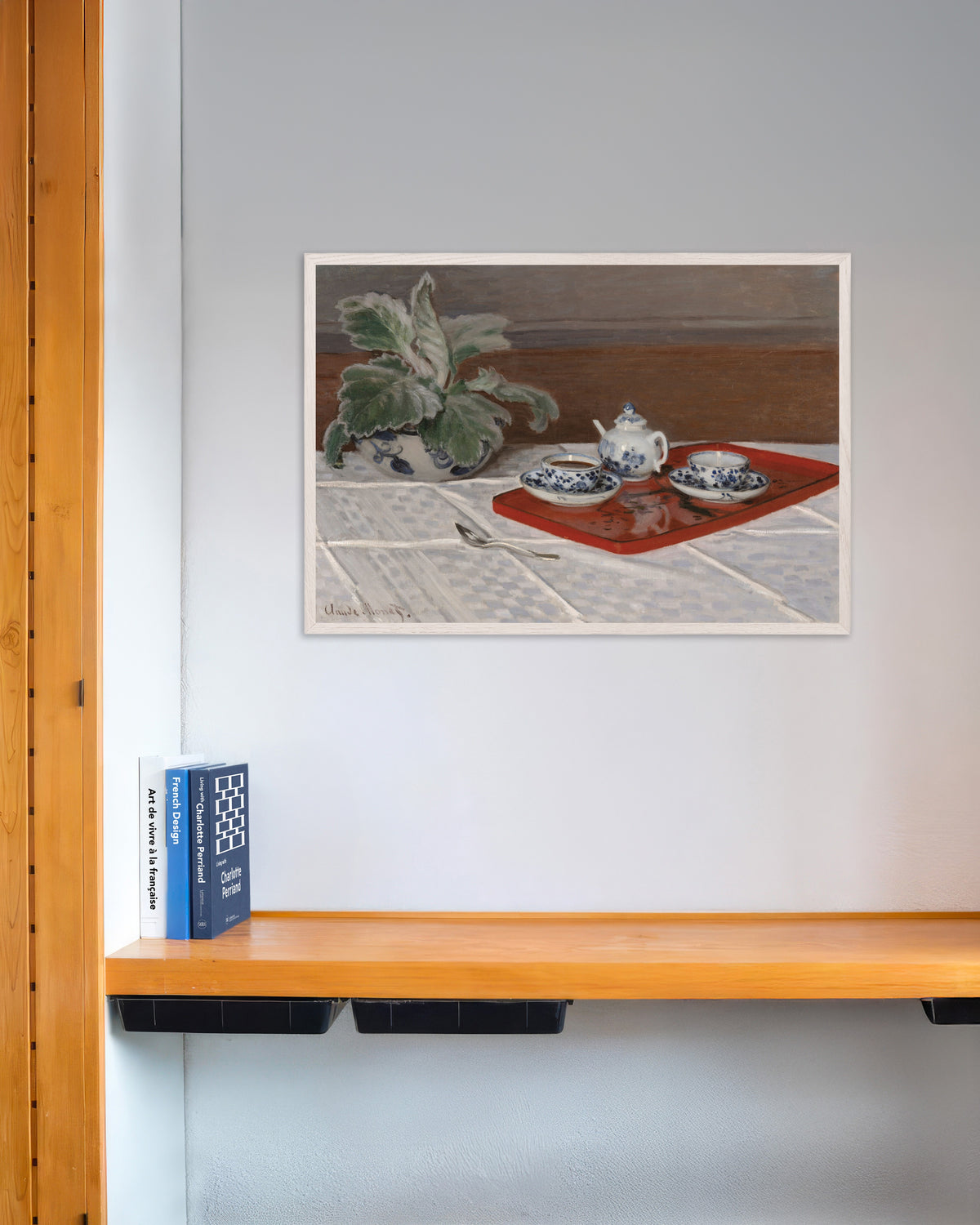 Poster Il servizio da tè (1872) di Claude Monet con cornice in legno bianco