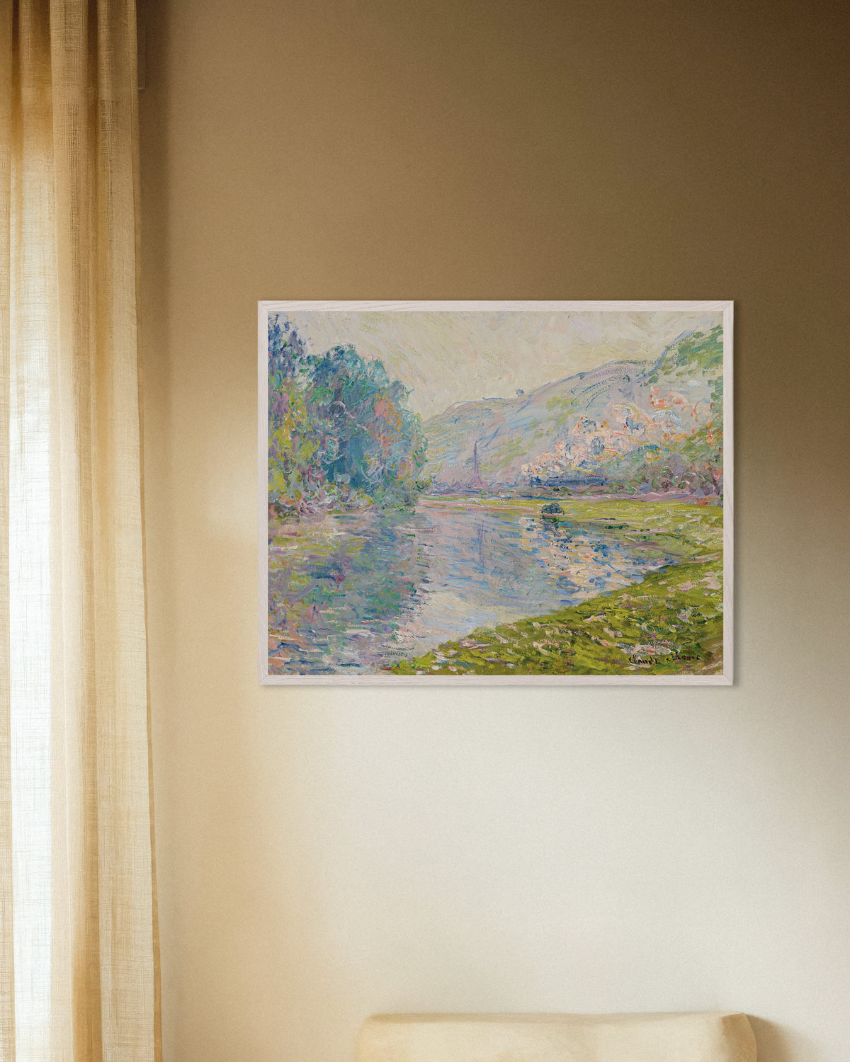 Poster Il treno a Jeufosse (1884) di Claude Monet con cornice in legno bianco