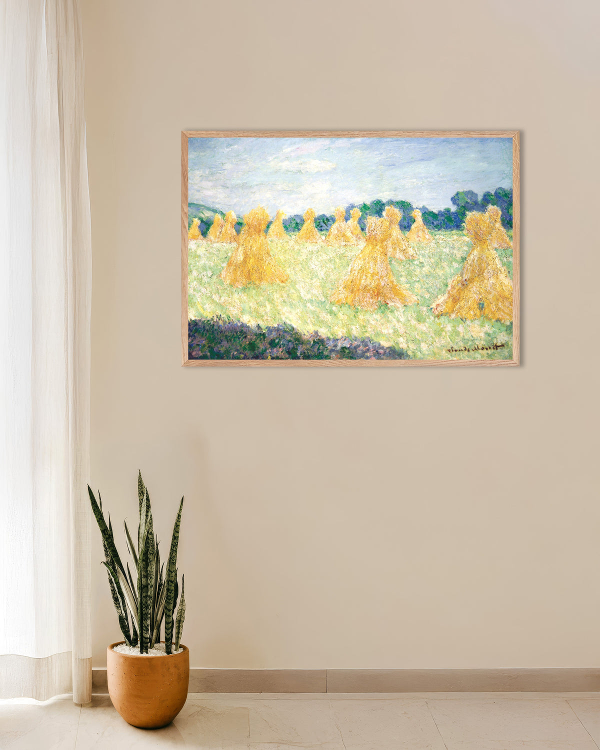 Poster Le signorine di Giverny, effetto di sole (1894) di Claude Monet con cornice in legno naturale