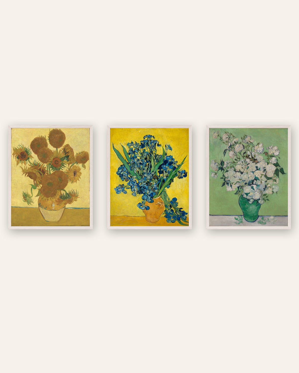 Poster fiori di Van Gogh, set da 3: Girasoli, Iris e Rose, con cornici in rovere bianco