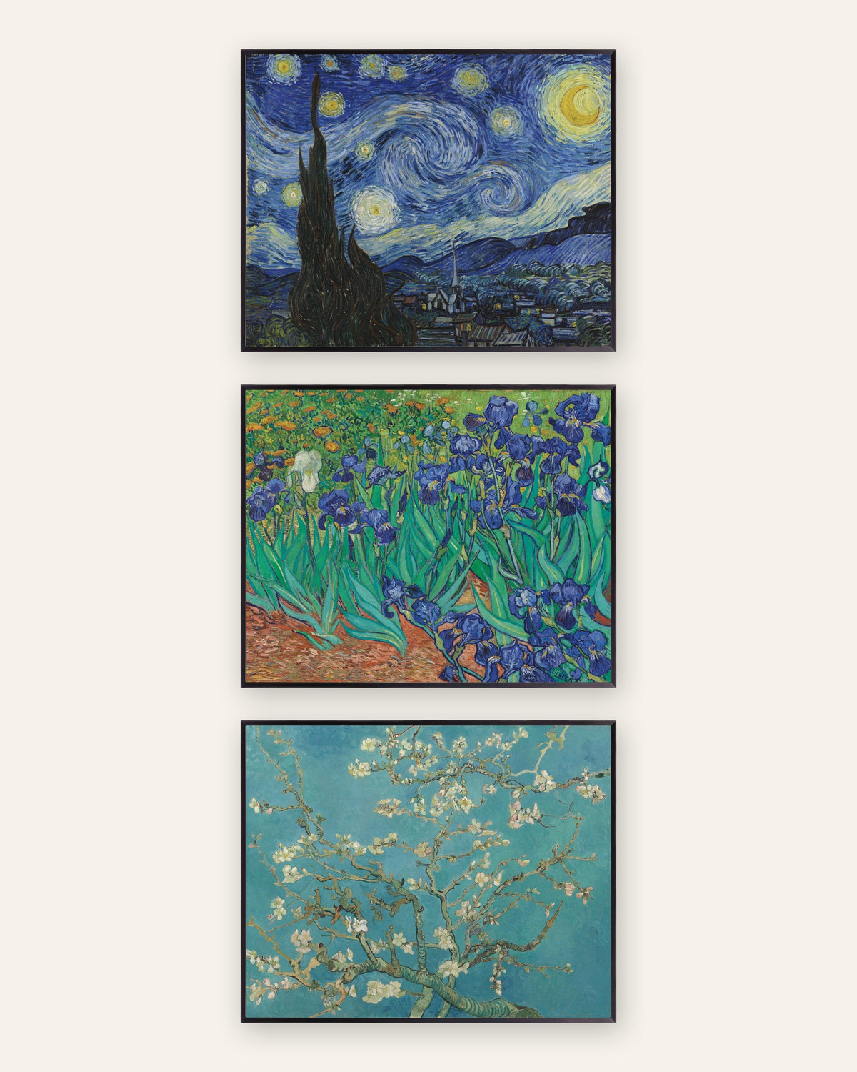 Poster Van Gogh, set da 3: Notte stellata, Iris e Ramo di mandorlo in fiore, con cornici in metallo nero