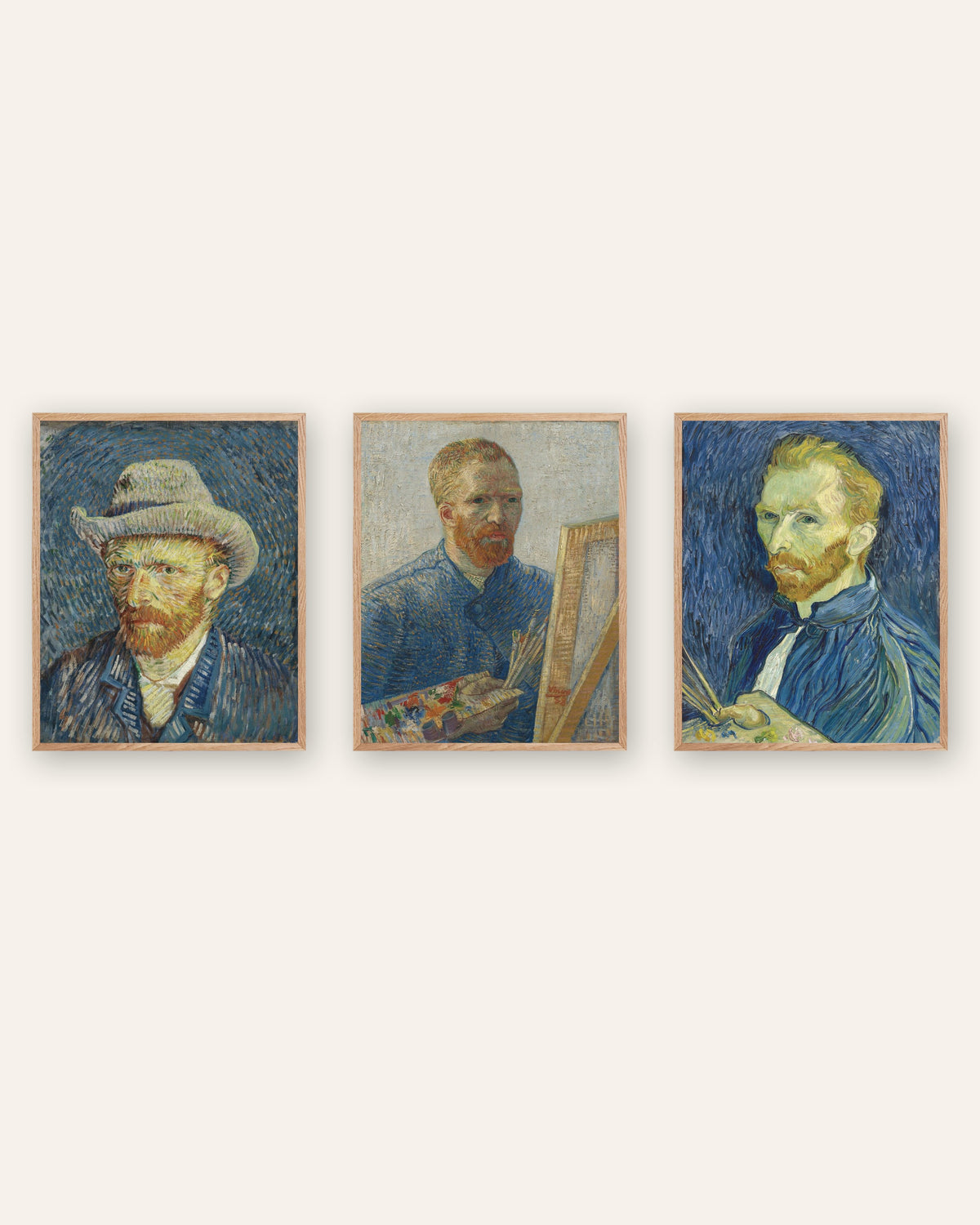 Poster autoritratti di Van Gogh, set da 3: da Parigi a Saint-Rémy, con cornici in rovere naturale