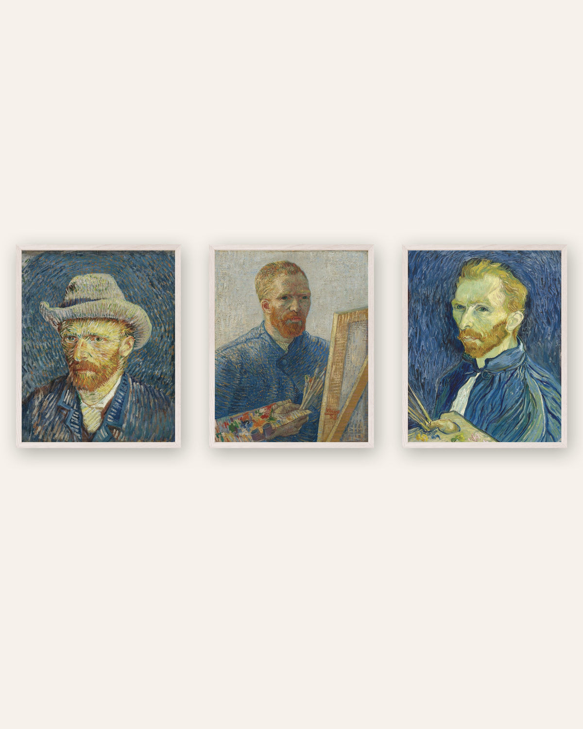 Poster autoritratti di Van Gogh, set da 3: da Parigi a Saint-Rémy, con cornici in rovere bianco