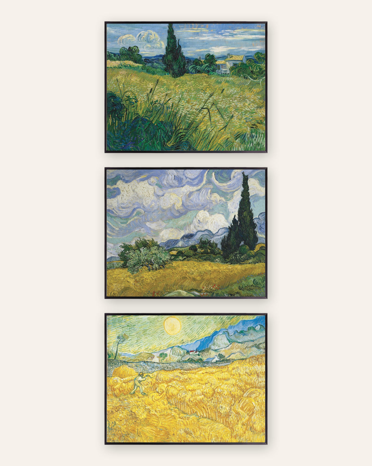 Poster Van Gogh campi di grano, set da 3: cipressi e mietitura, con cornici in metallo nero