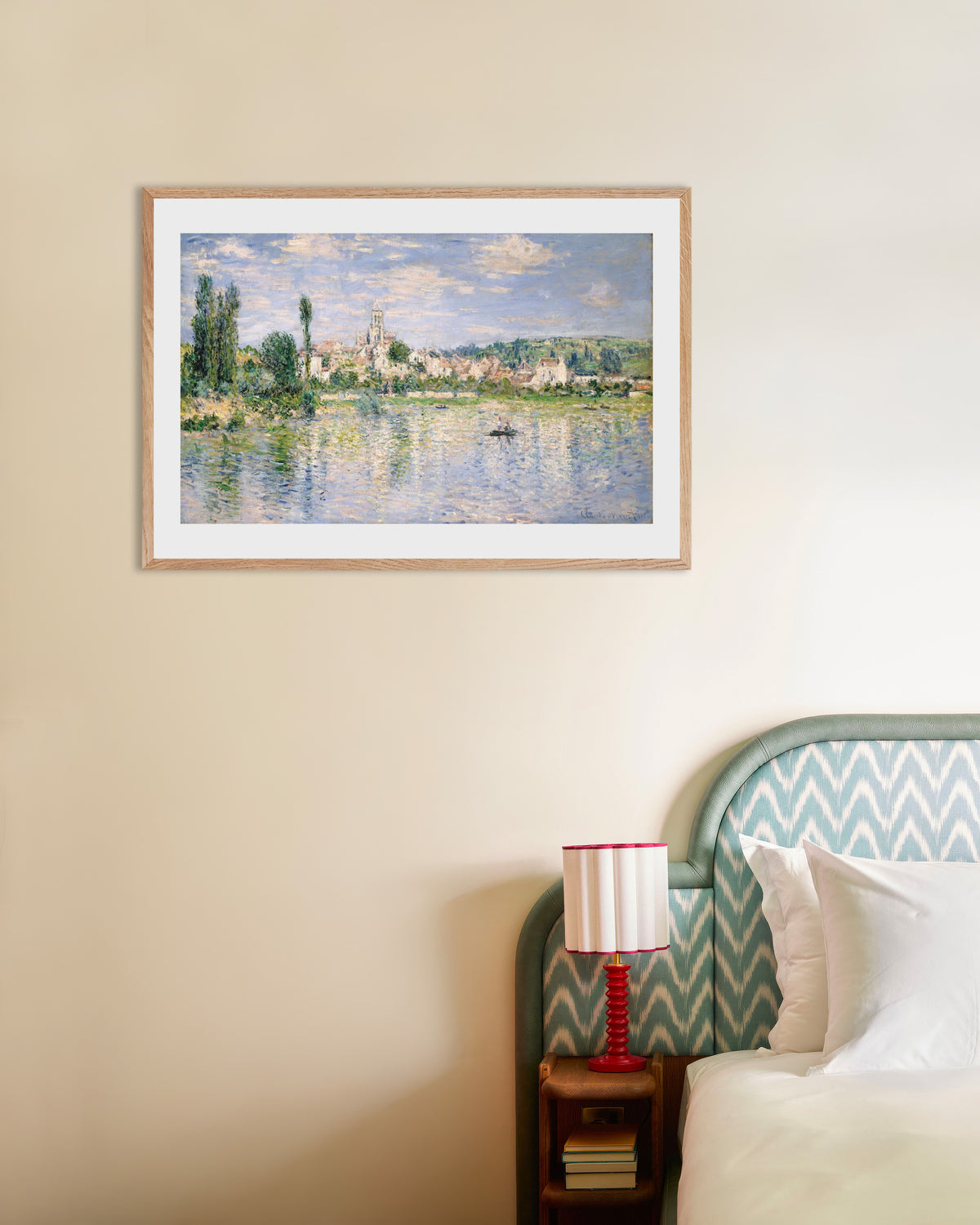 Poster Vétheuil d'estate (1880) di Claude Monet con cornice in legno naturale