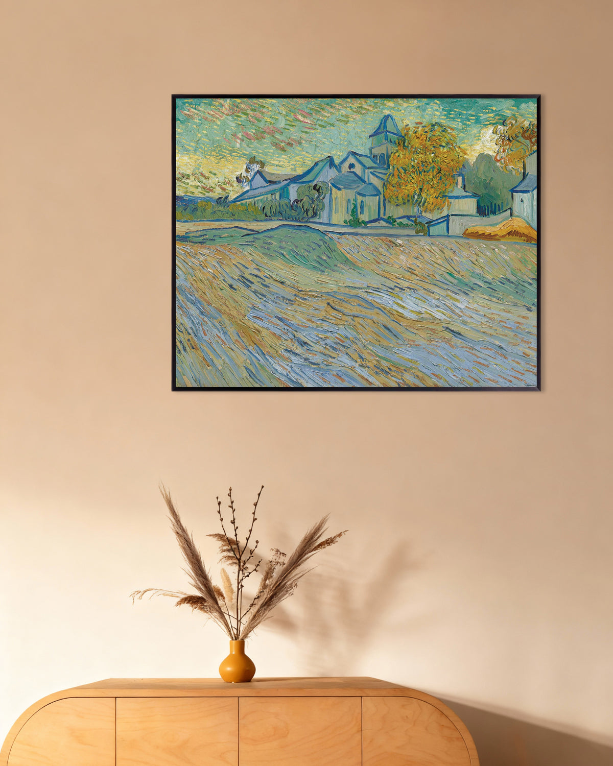 Poster di Veduta del manicomio e della cappella di Saint-Rémy (1889) di Vincent van Gogh, con cornice metallica