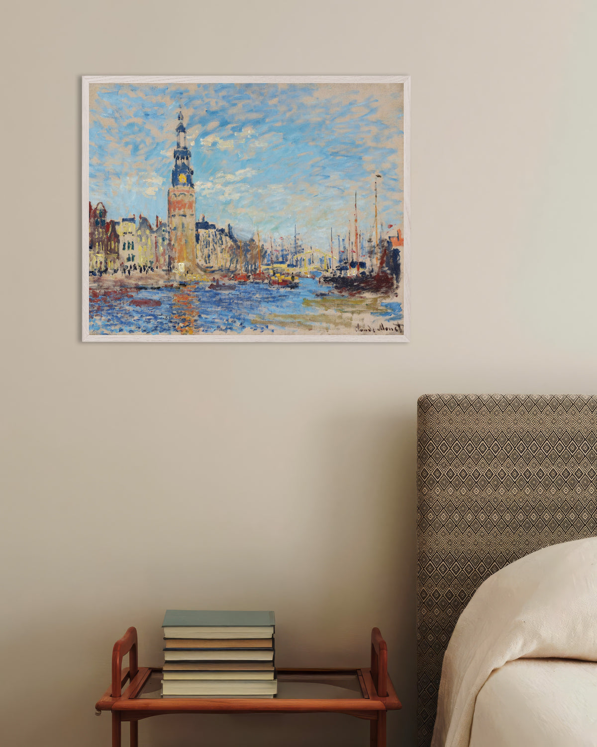 Poster Veduta della Montelbaanstoren, Amsterdam (1874) di Claude Monet con cornice in legno bianco