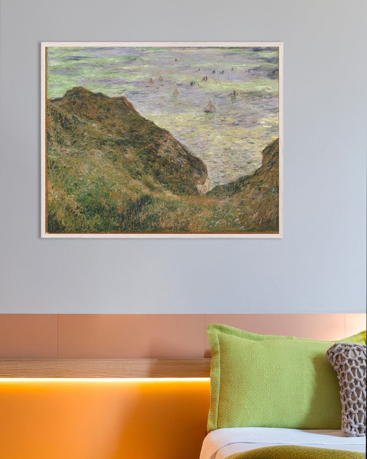Poster Veduta sul mare (1882) di Claude Monet con cornice in legno bianco
