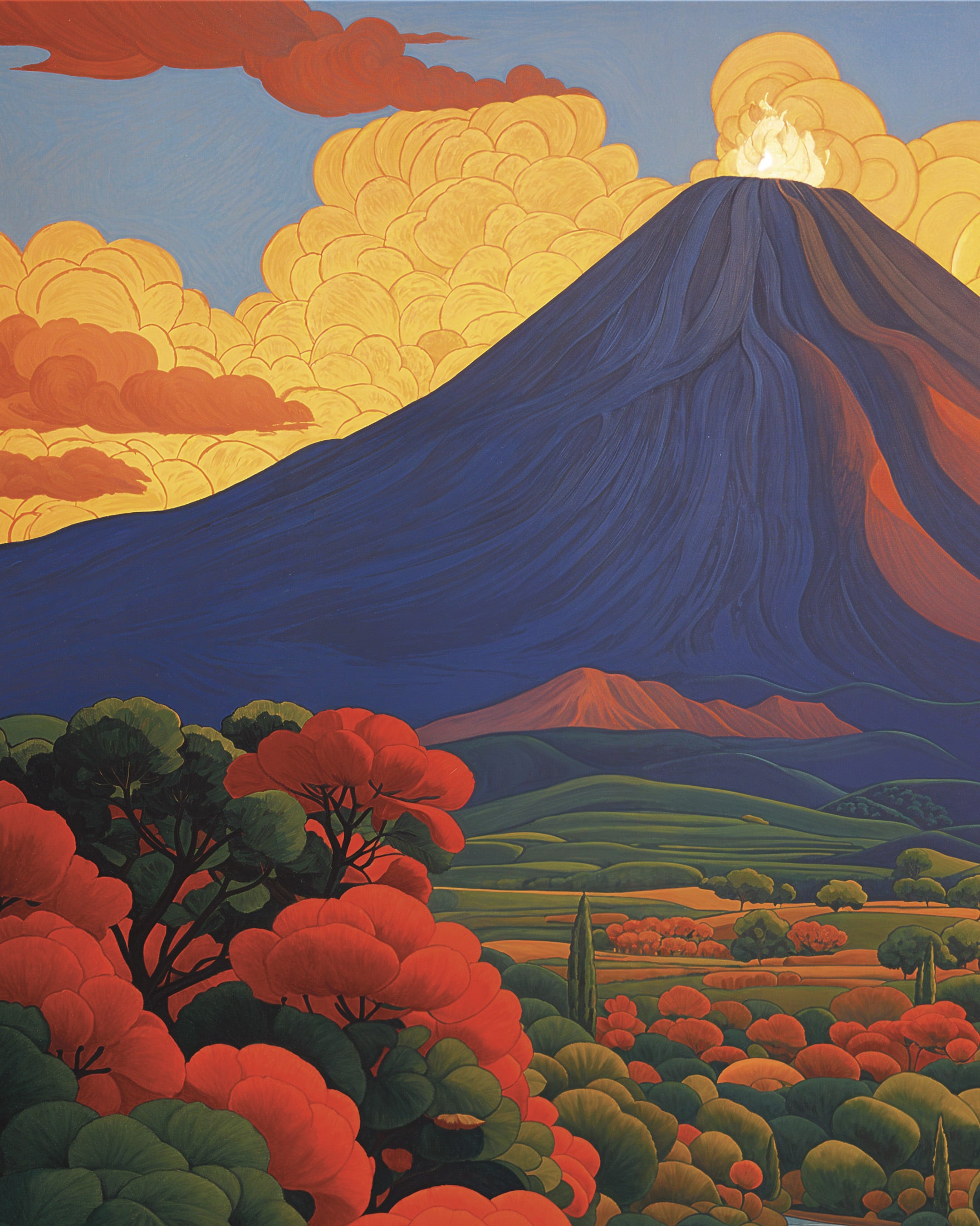 Poster vulcano, composizione simbolista mistica