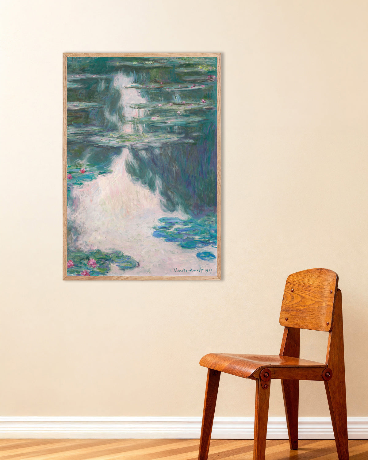 Poster Ninfee, tempo grigio (1907) di Claude Monet con cornice in legno naturale