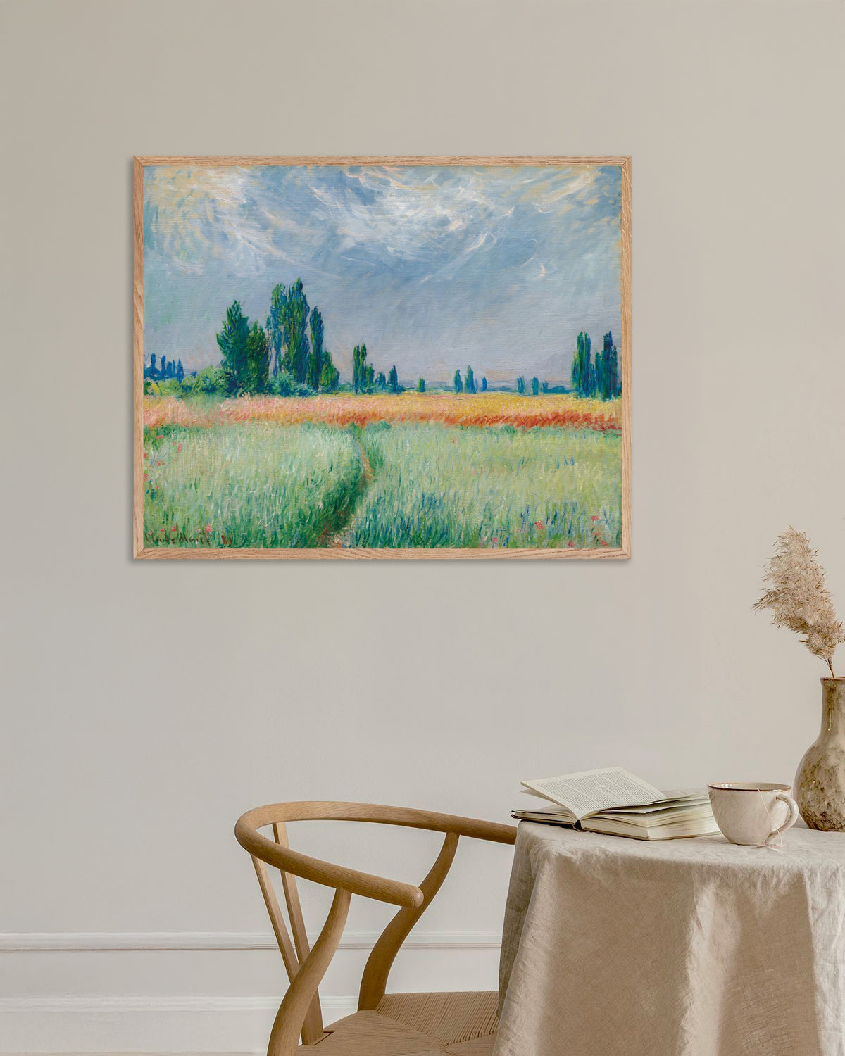 Poster Campo di grano (1881) di Claude Monet con cornice in legno naturale