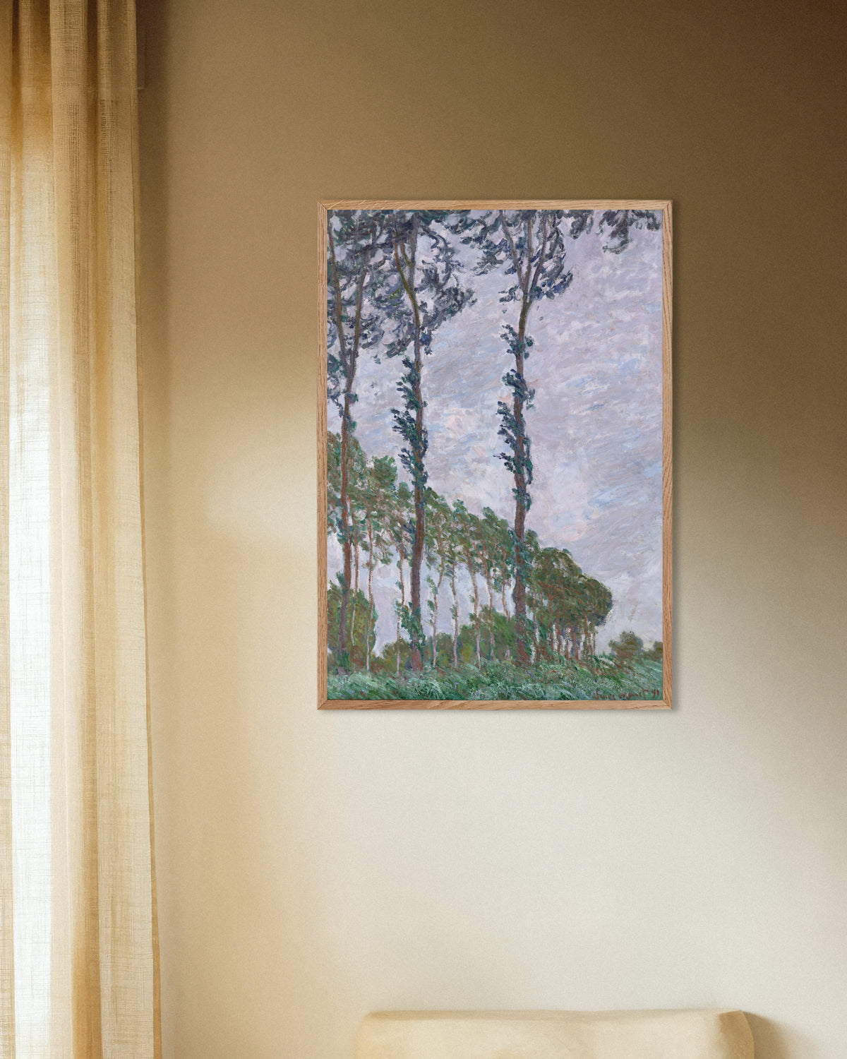 Poster I pioppi, effetto di vento (1891) di Claude Monet con cornice in legno naturale