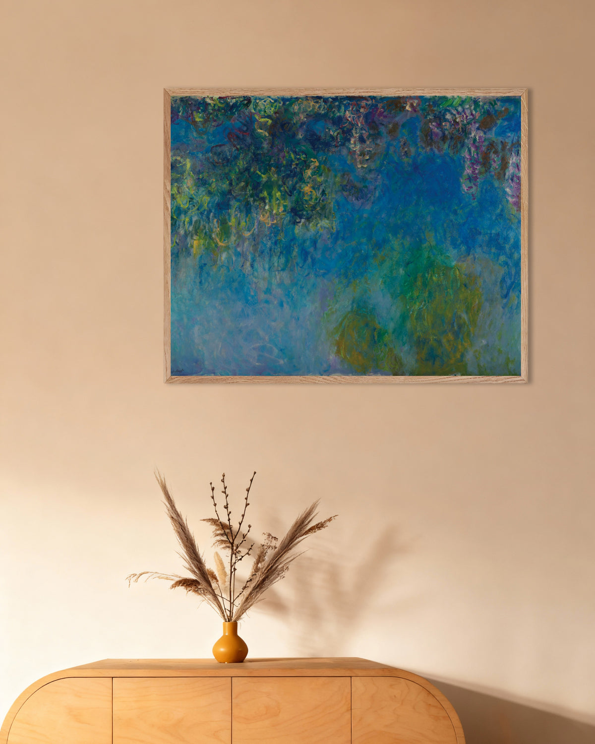 Poster Glicine (circa 1925) di Claude Monet con cornice in legno naturale