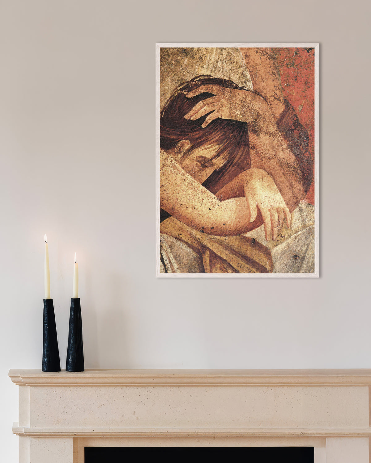 Poster del dettaglio d'affresco dell'iniziata consolata, Villa dei Misteri con cornice in legno bianco
