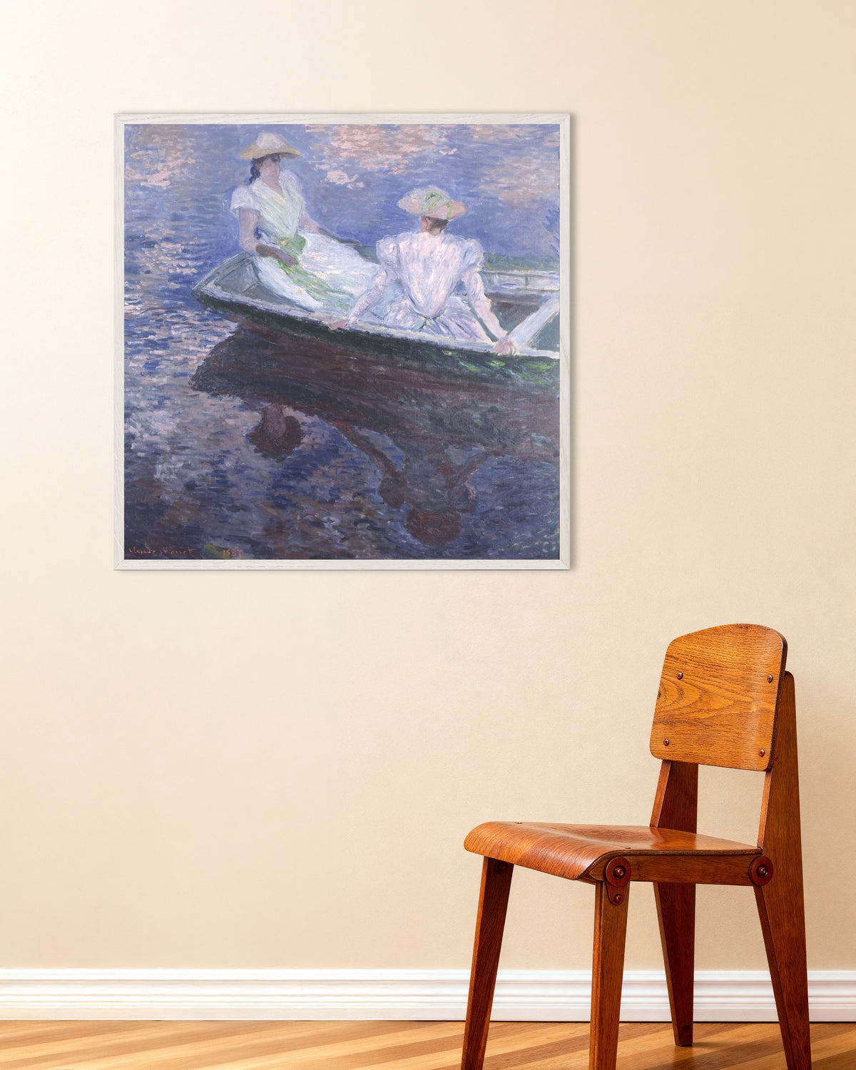 Poster Ragazze in barca (1887) di Claude Monet con cornice in legno bianco