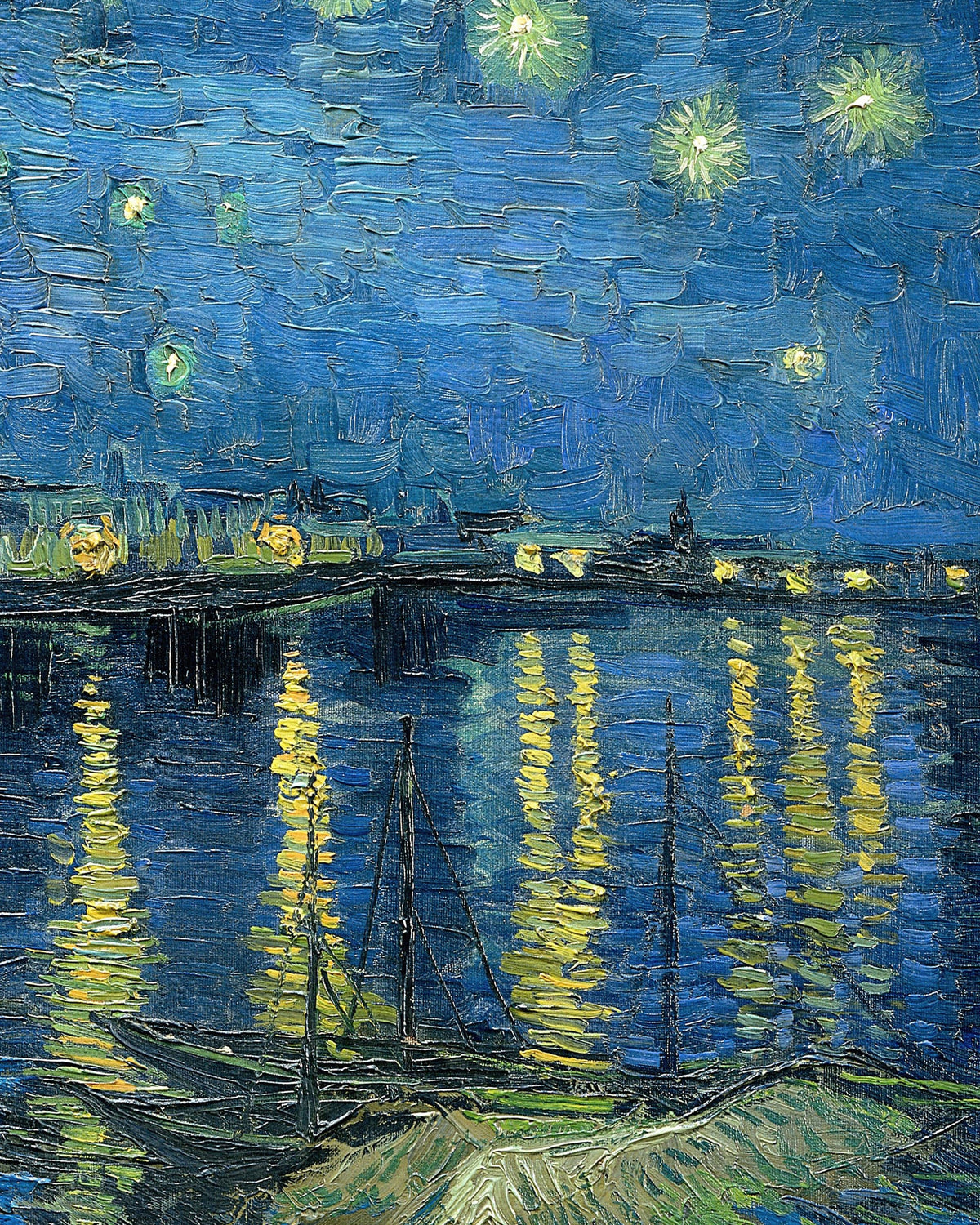 Dettaglio di Notte stellata sul Rodano (1888) di Vincent van Gogh: le luci di Arles si riflettono nel fiume sotto un cielo blu stellato