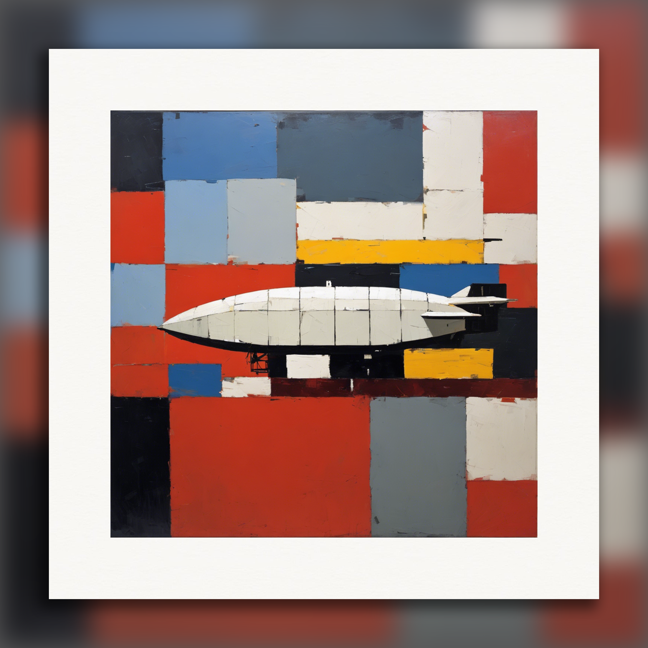 Astrazione figurativa, forme geometriche spesse e testurizzate, un dirigibile - Poster