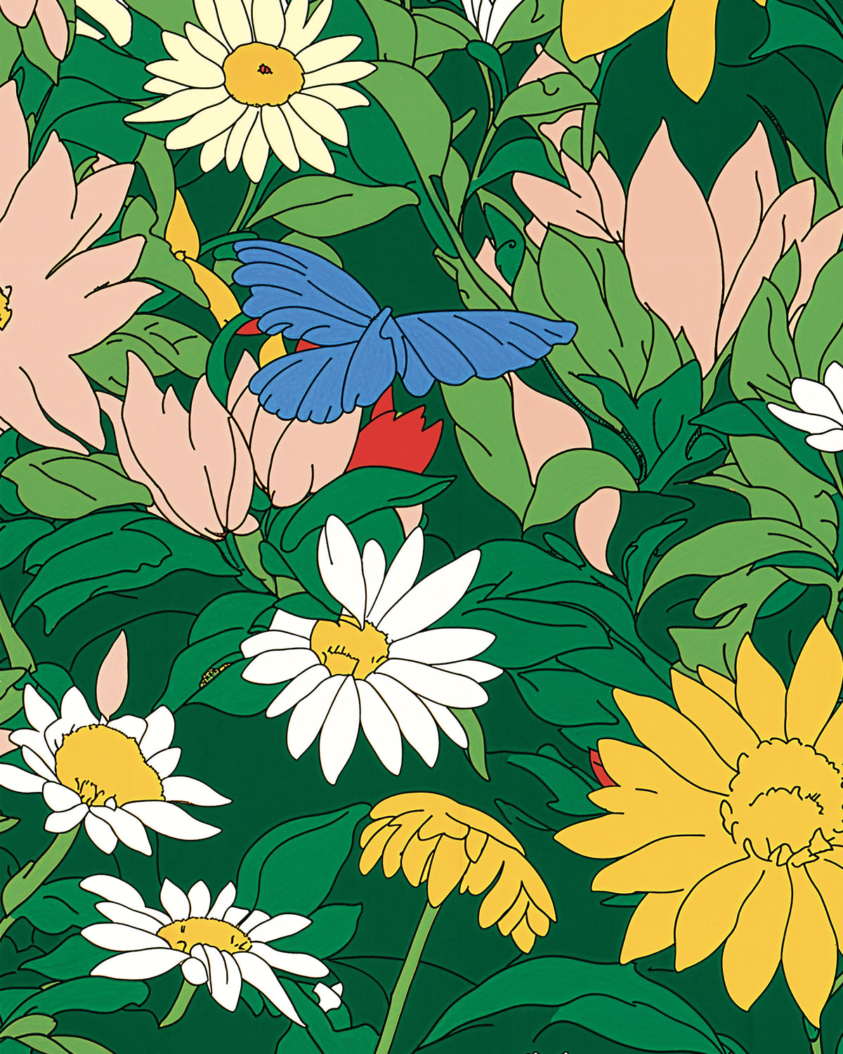 Illustrazione con motivo floreale colorato, con margherite bianche e gialle, fiori rosa, foglie verdi e una farfalla blu su uno sfondo verde scuro.