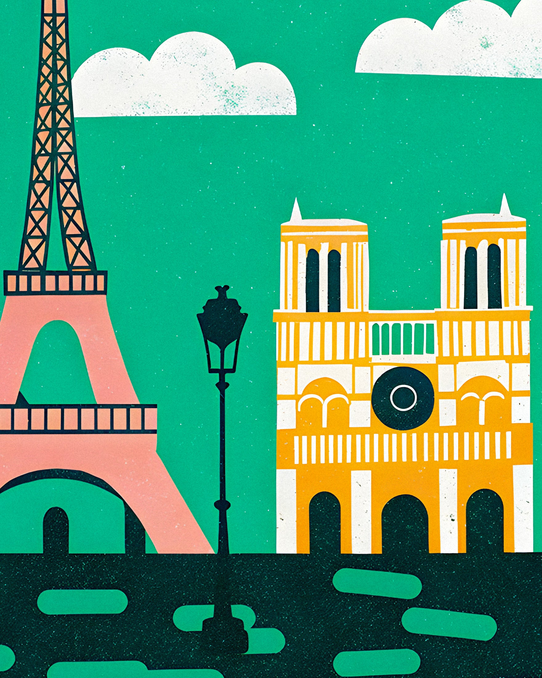 Illustrazione Grafica Moderna della Torre Eiffel e Notre-Dame - Poster di Parigi