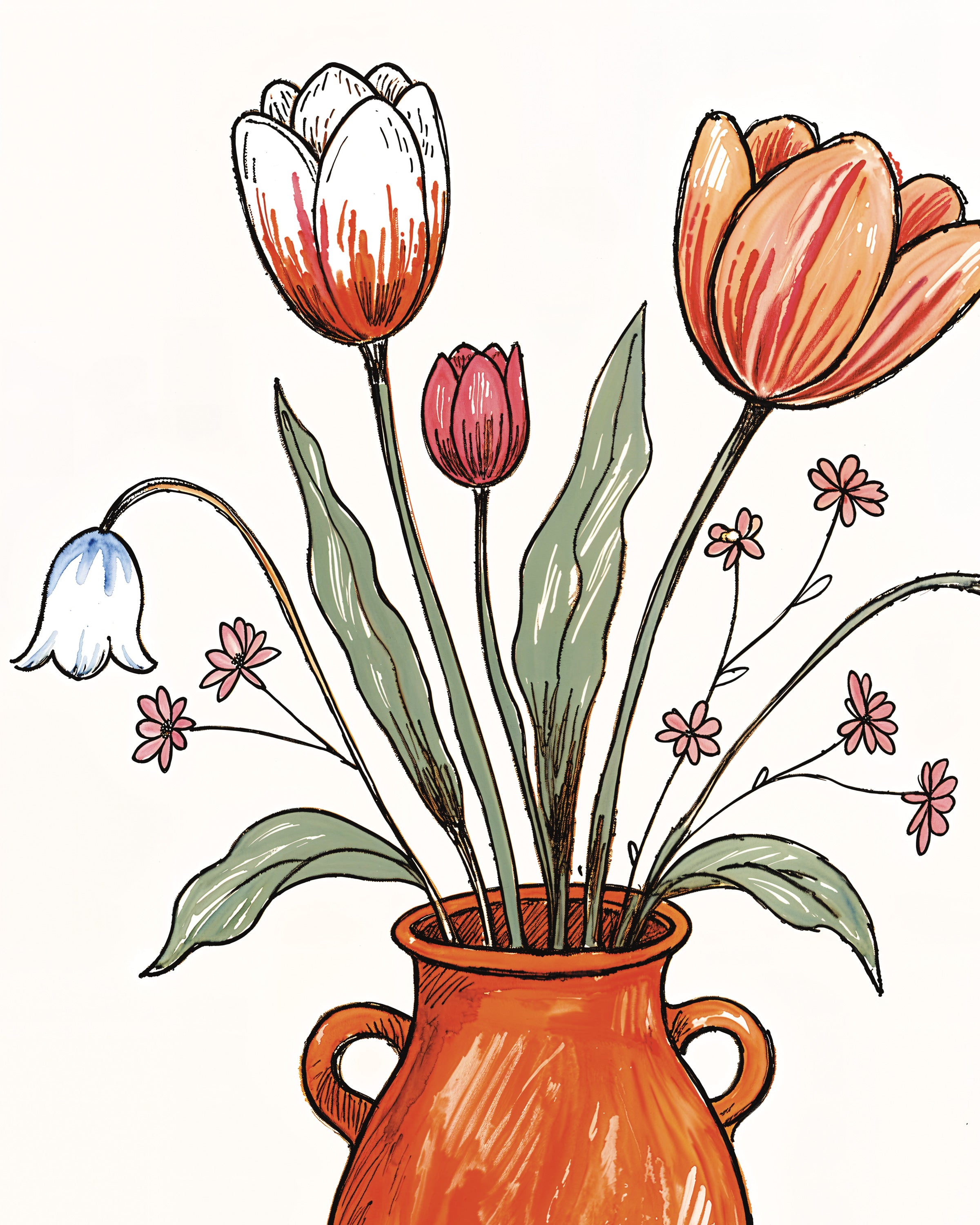 Natura morta con tulipani pasquali in terracotta - Poster