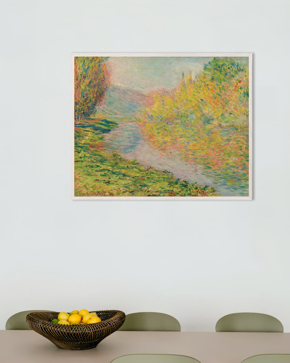 Poster Autunno a Jeufosse (1884) di Claude Monet con cornice in legno bianco