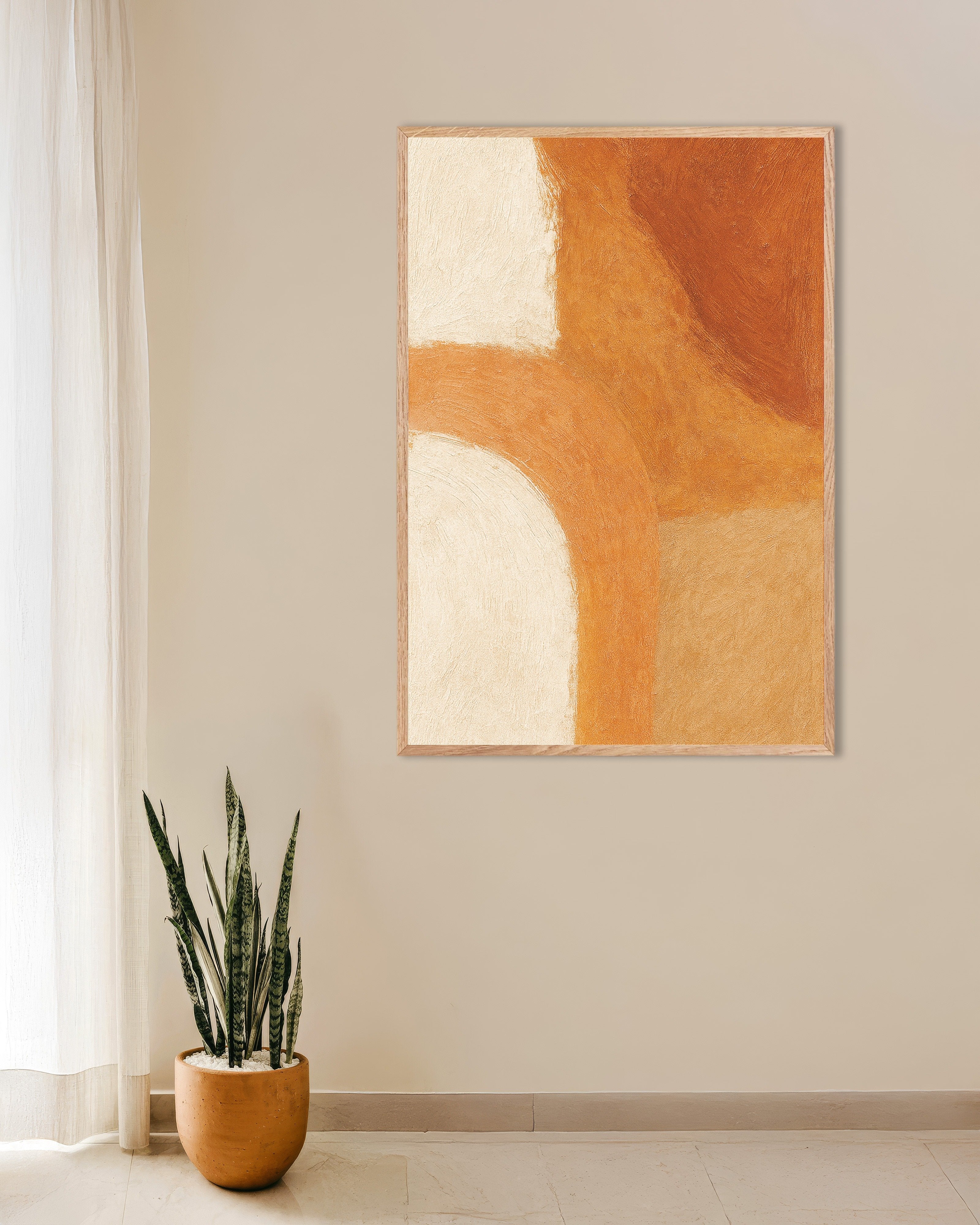 Poster of Autumnal Vibes – textured abstract poster in warm tones, with natural wooden frame