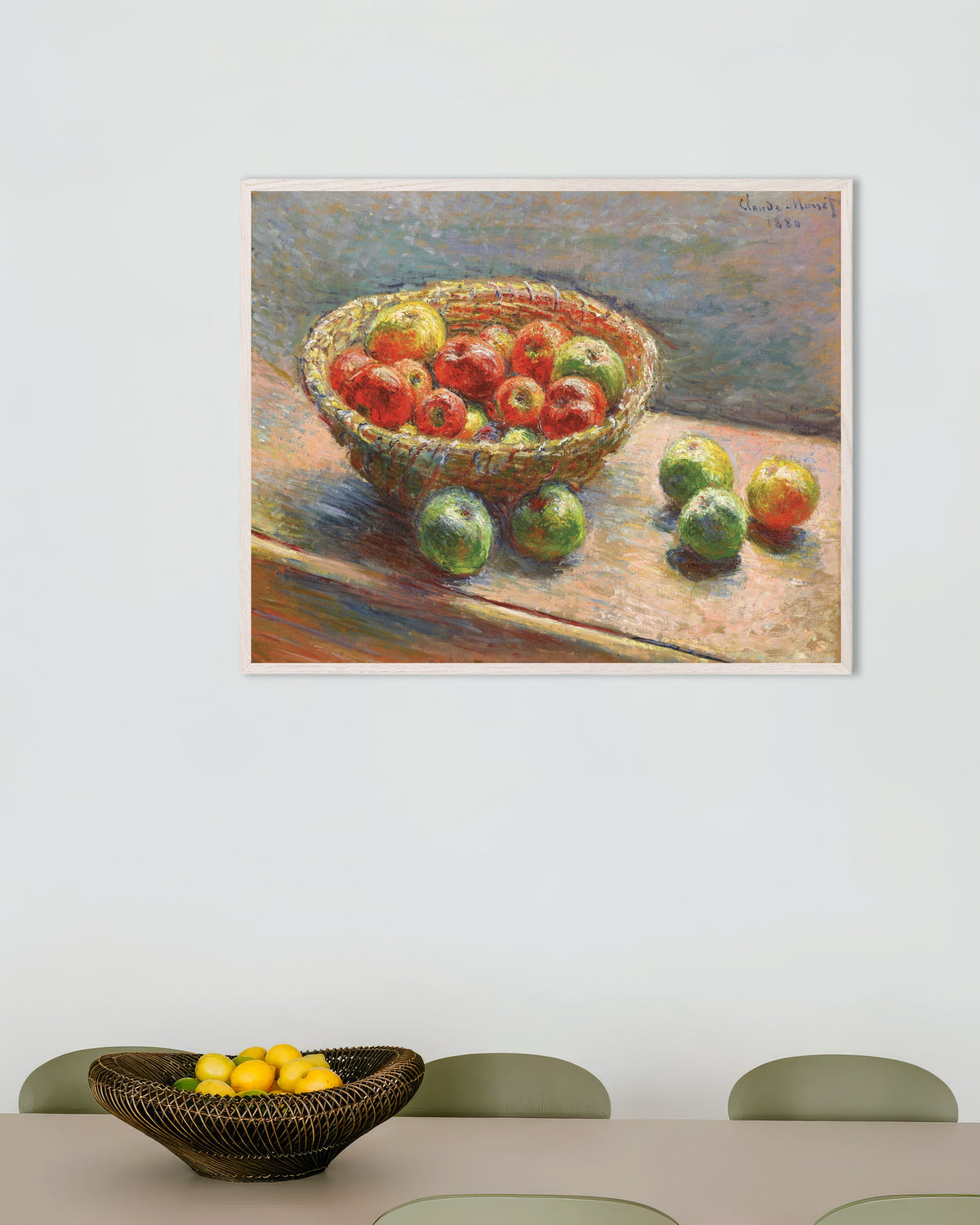 Poster Il cesto di mele (1880) di Claude Monet con cornice in legno bianco
