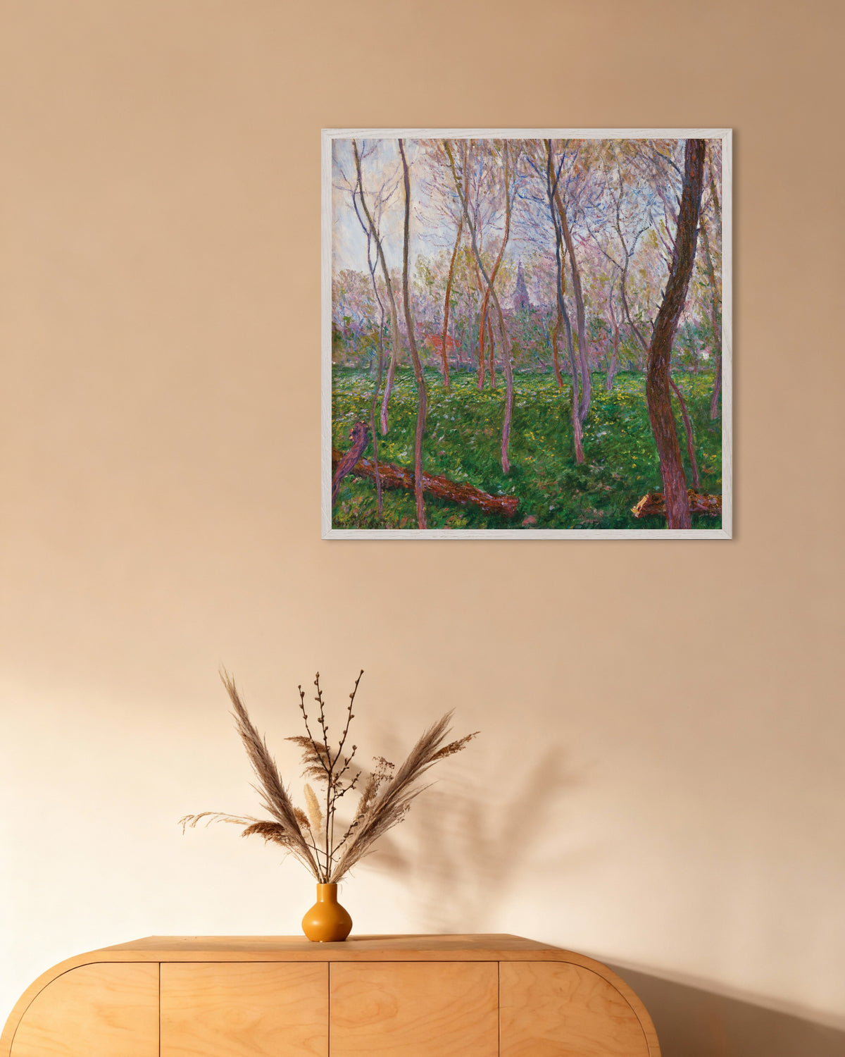 Poster Bennecourt (1887) di Claude Monet con cornice in legno bianco